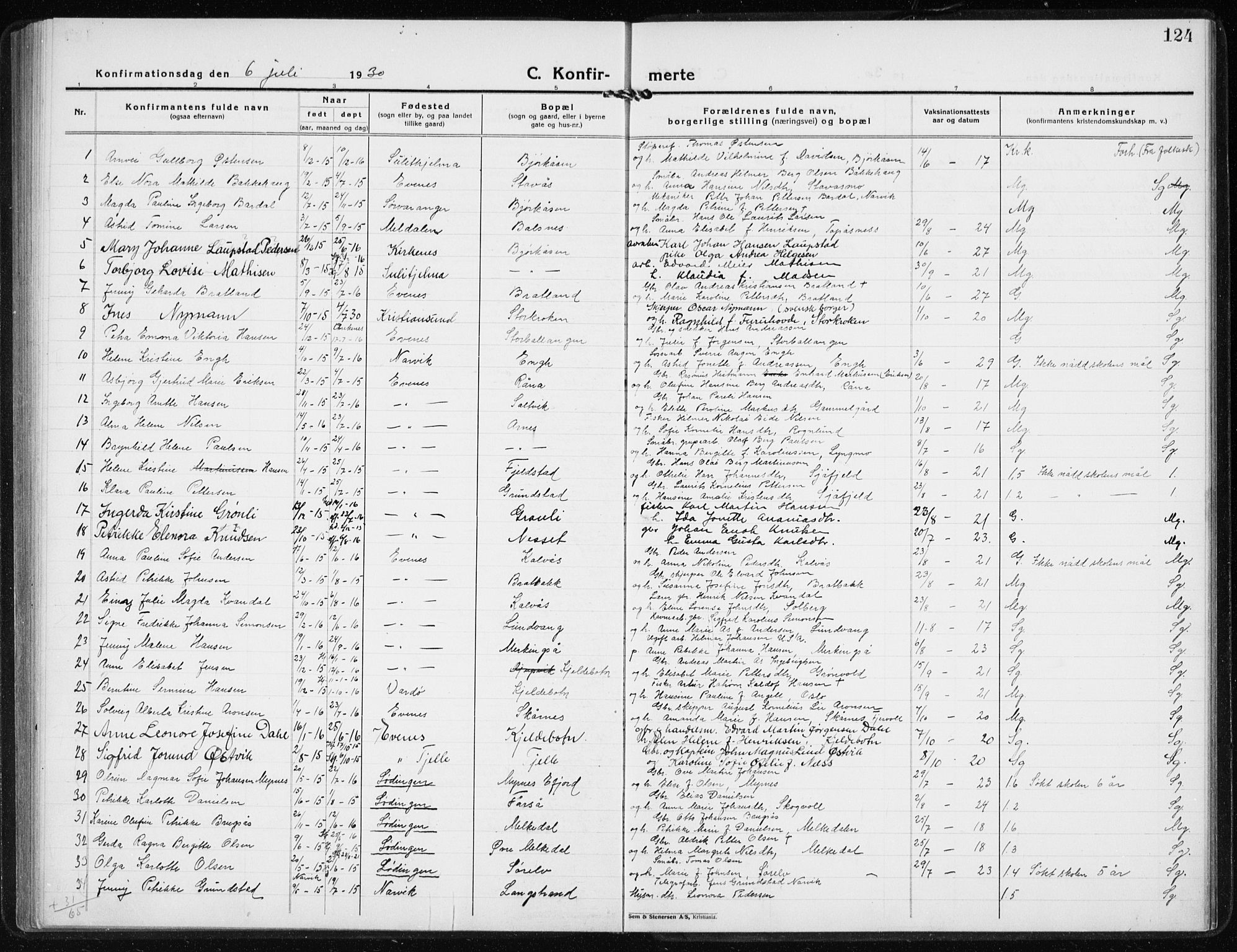 Ministerialprotokoller, klokkerbøker og fødselsregistre - Nordland, AV/SAT-A-1459/869/L0975: Parish register (copy) no. 869C01, 1923-1939, p. 124