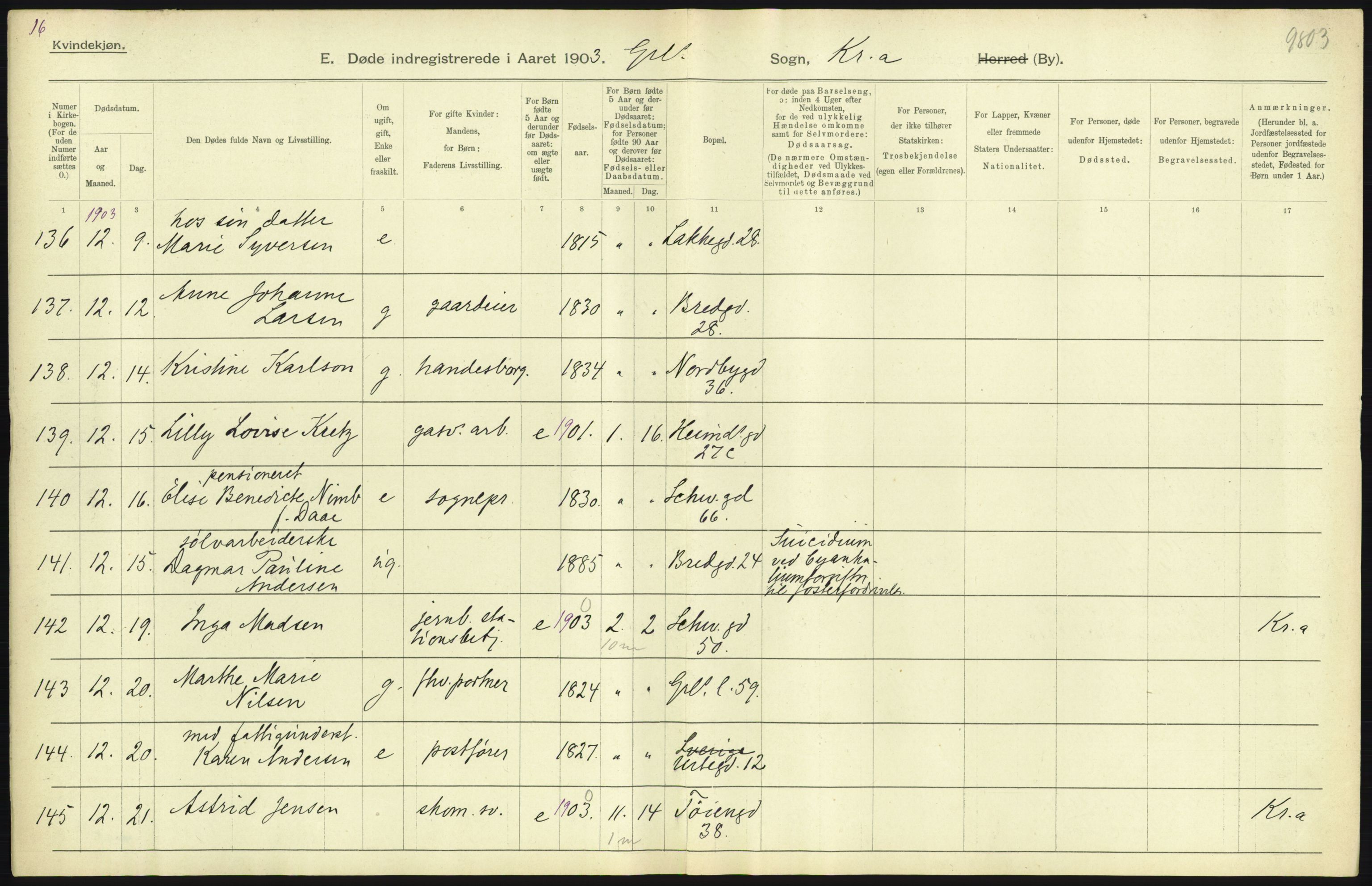 Statistisk sentralbyrå, Sosiodemografiske emner, Befolkning, AV/RA-S-2228/D/Df/Dfa/Dfaa/L0004: Kristiania: Gifte, døde, 1903, p. 407