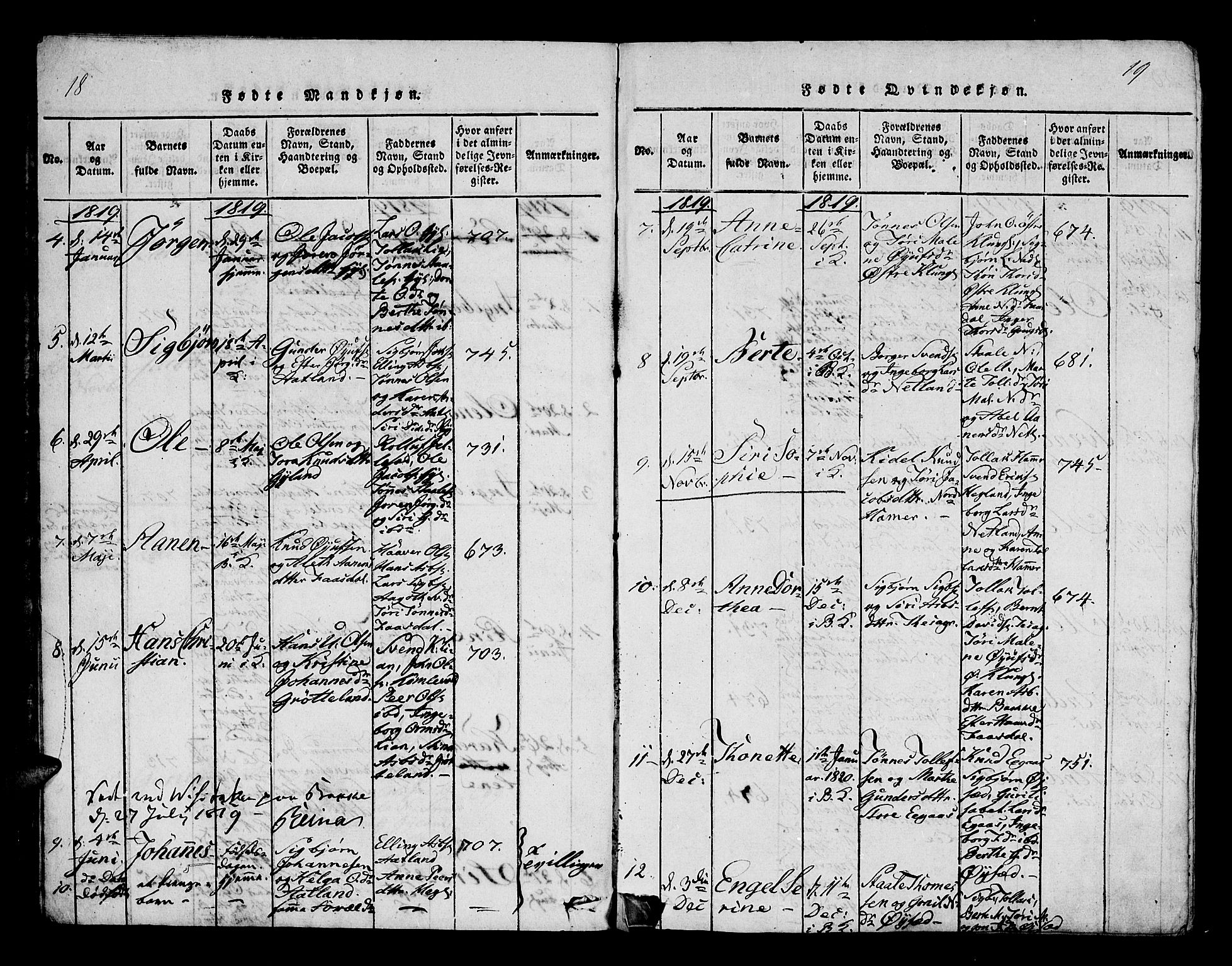 Bakke sokneprestkontor, AV/SAK-1111-0002/F/Fa/Fab/L0001: Parish register (official) no. A 1, 1815-1835, p. 18-19