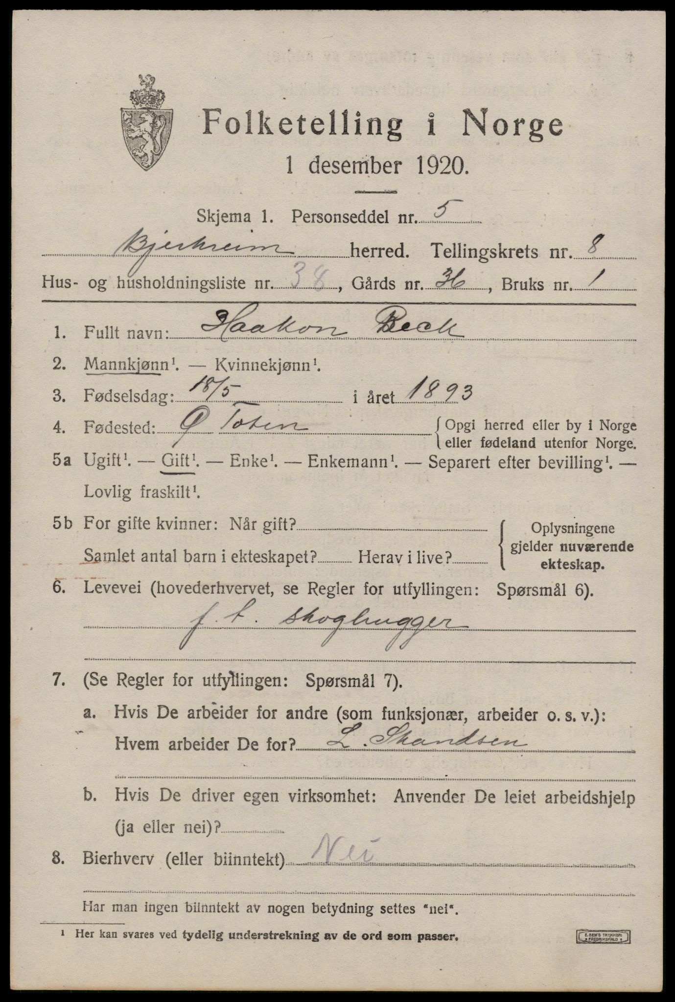 SAST, 1920 census for Bjerkreim, 1920, p. 3052