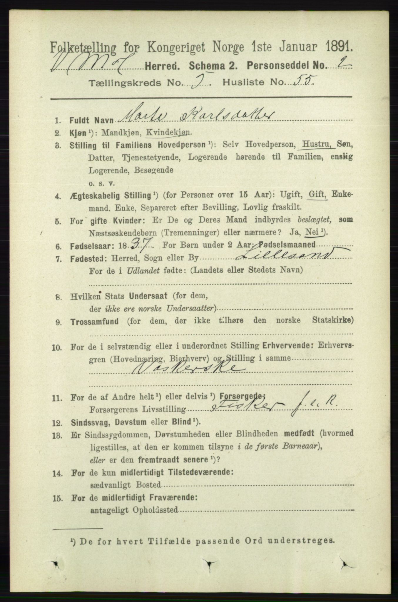 RA, 1891 census for 0926 Vestre Moland, 1891, p. 2135