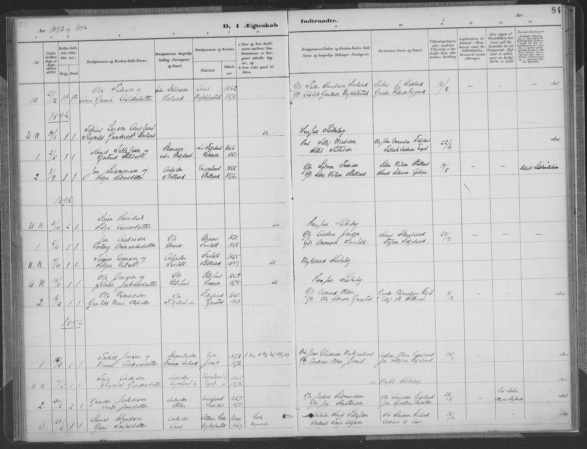 Herefoss sokneprestkontor, SAK/1111-0019/F/Fa/Fab/L0004: Parish register (official) no. A 4, 1887-1909, p. 84