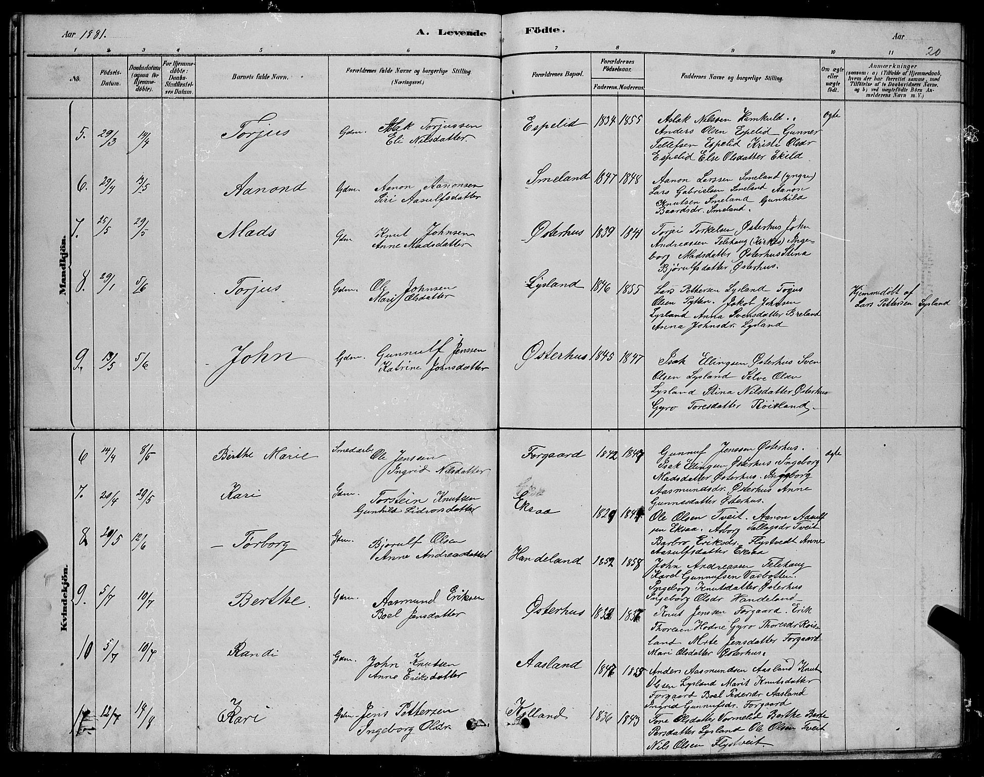 Åseral sokneprestkontor, AV/SAK-1111-0051/F/Fb/L0002: Parish register (copy) no. B 2, 1878-1899, p. 20