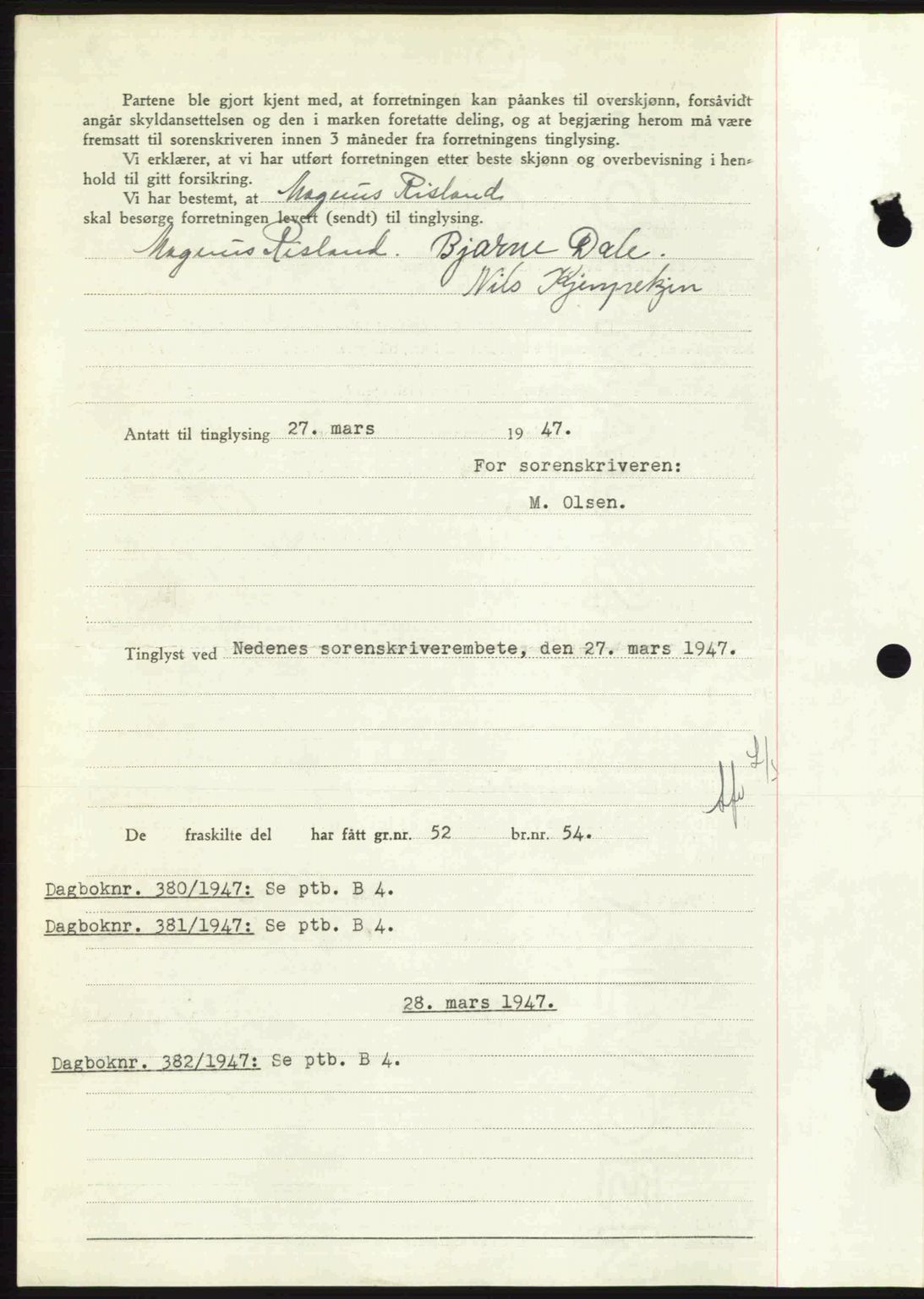 Nedenes sorenskriveri, AV/SAK-1221-0006/G/Gb/Gba/L0057: Mortgage book no. A9, 1947-1947, Diary no: : 379/1947