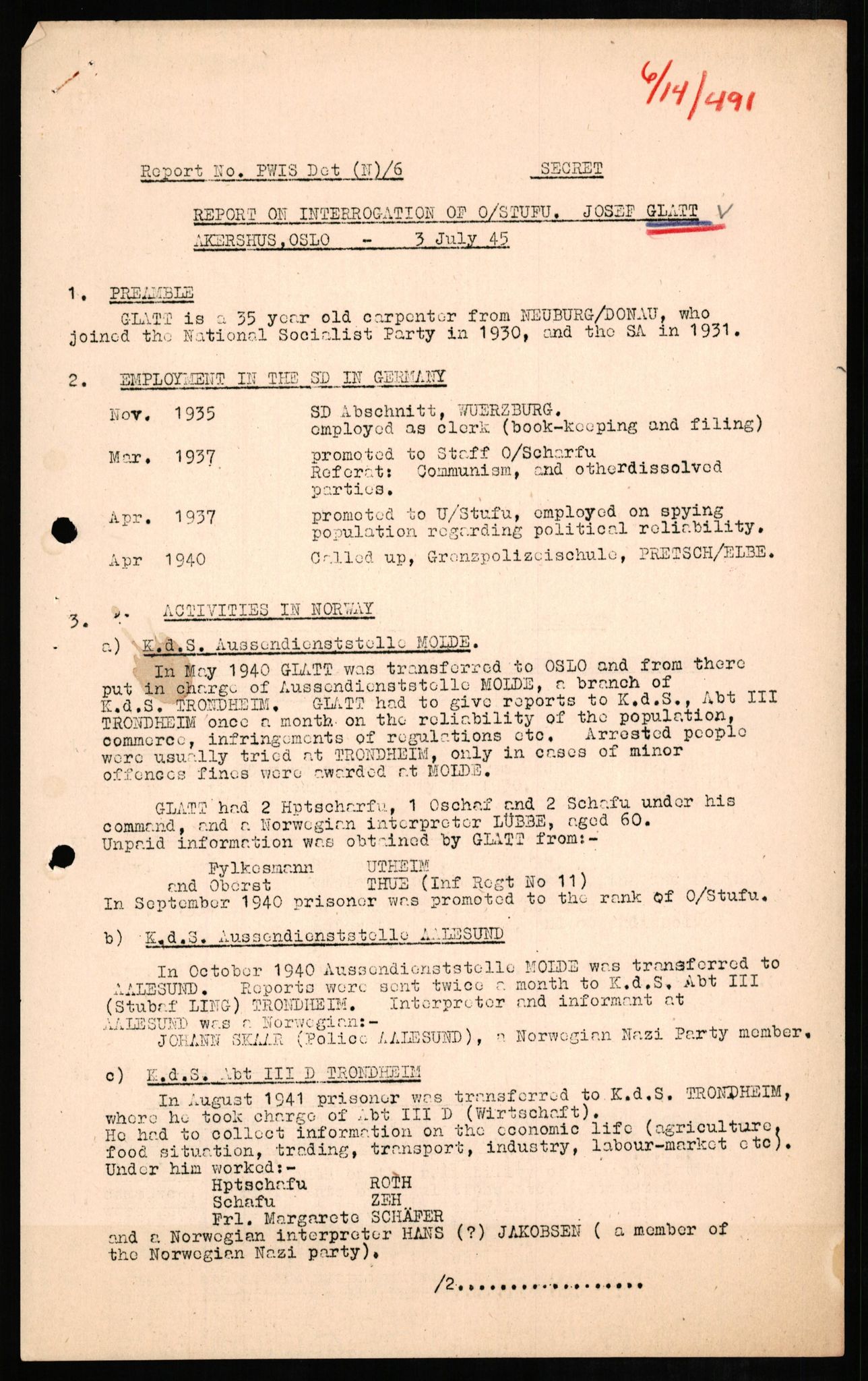 Forsvaret, Forsvarets overkommando II, AV/RA-RAFA-3915/D/Db/L0009: CI Questionaires. Tyske okkupasjonsstyrker i Norge. Tyskere., 1945-1946, p. 519