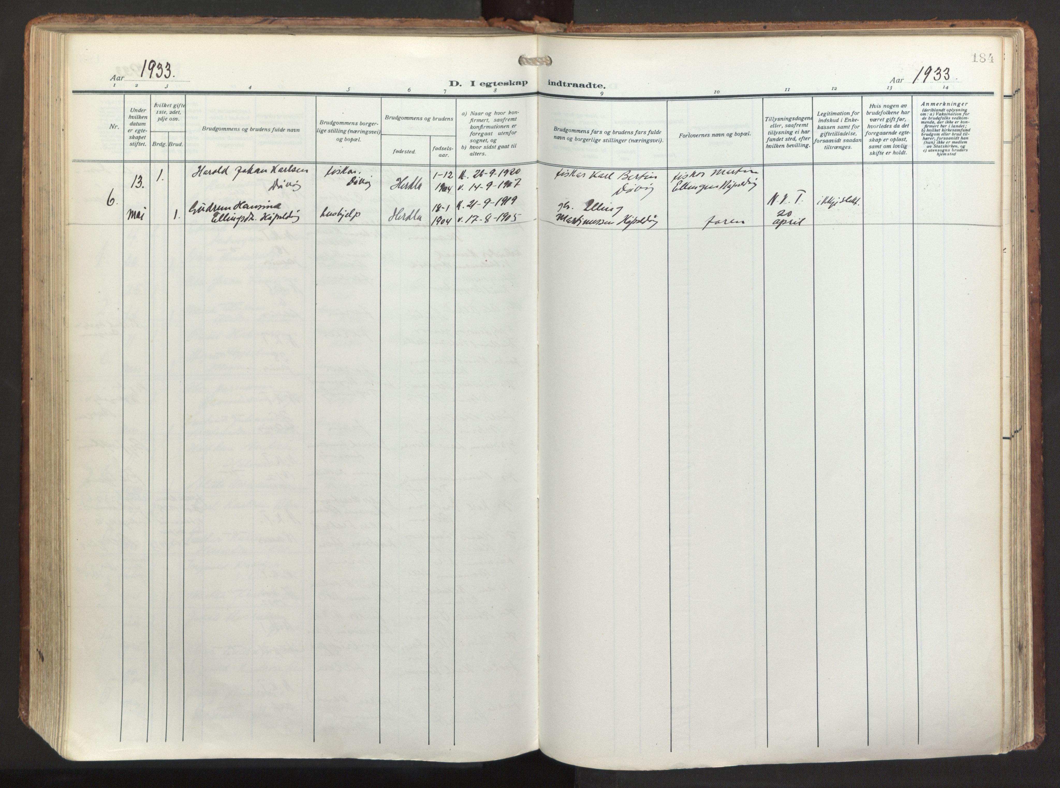 Herdla Sokneprestembete, SAB/A-75701/H/Haa: Parish register (official) no. A 6, 1918-1933, p. 184