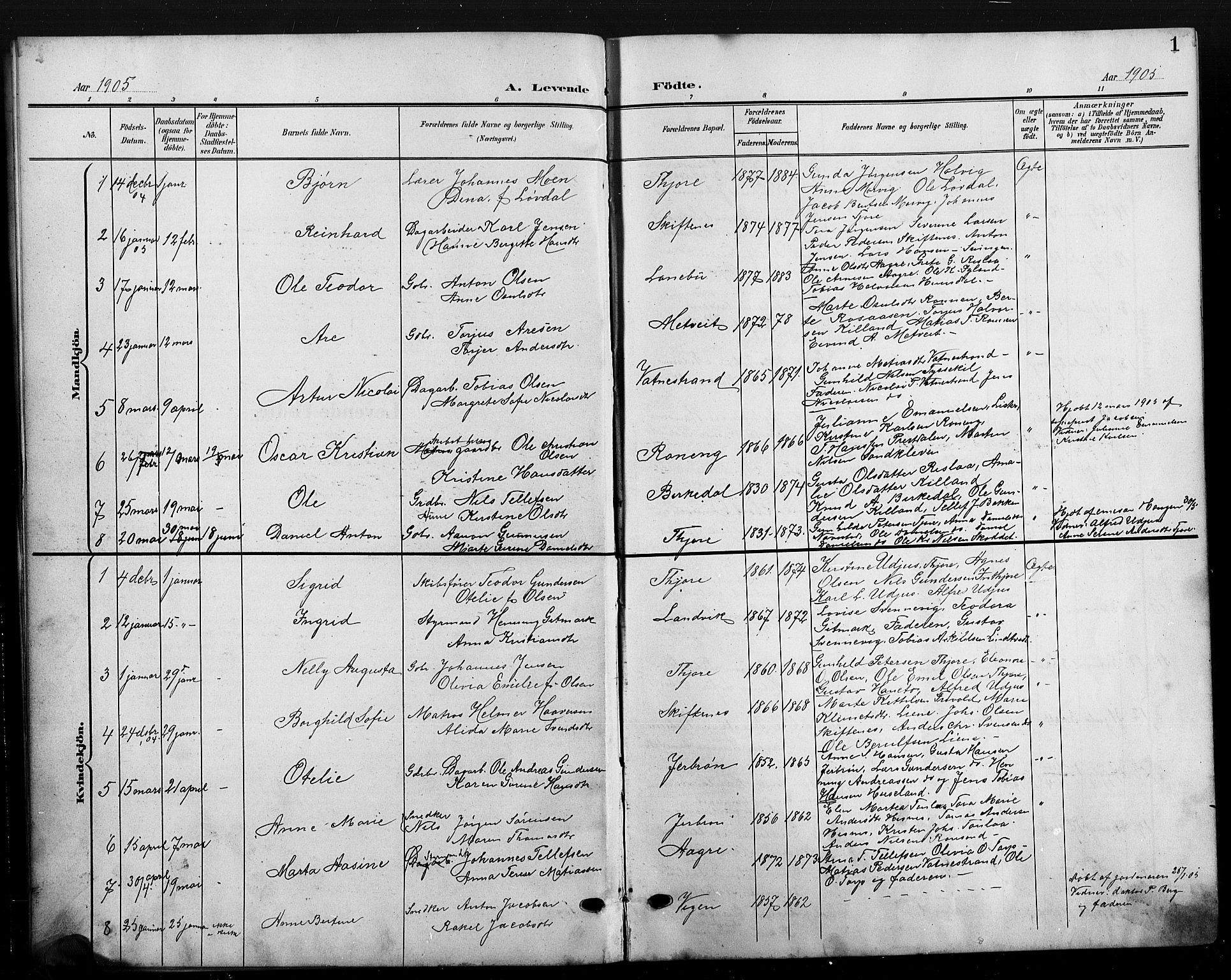 Hommedal sokneprestkontor, SAK/1111-0023/F/Fb/Fbb/L0008: Parish register (copy) no. B 8, 1905-1929, p. 1