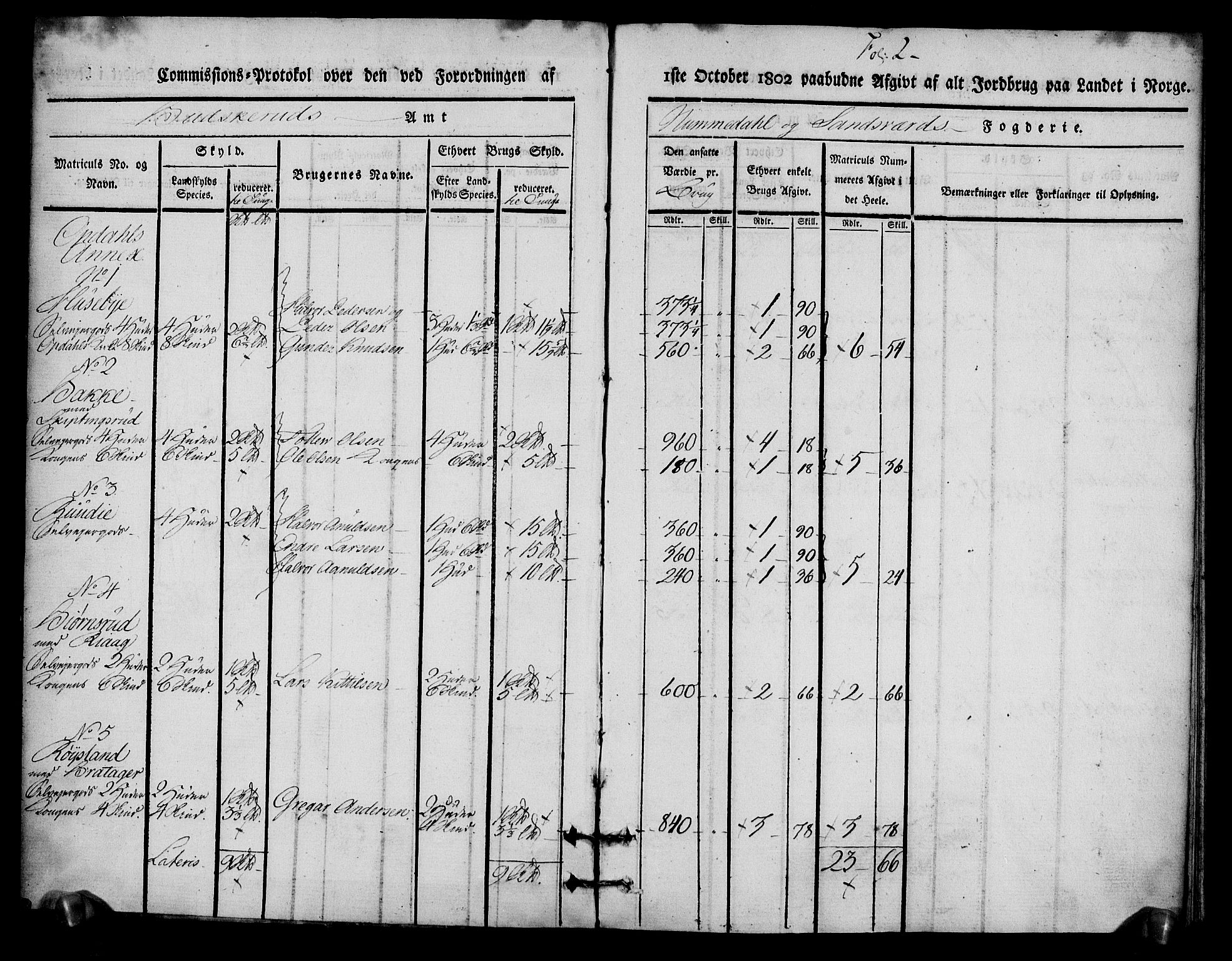 Rentekammeret inntil 1814, Realistisk ordnet avdeling, AV/RA-EA-4070/N/Ne/Nea/L0056b: Numedal og Sandsvær fogderi. Kommisjonsprotokoll over matrikulerte jordbruk i Uvdal og Nore annekser, 1803, p. 2