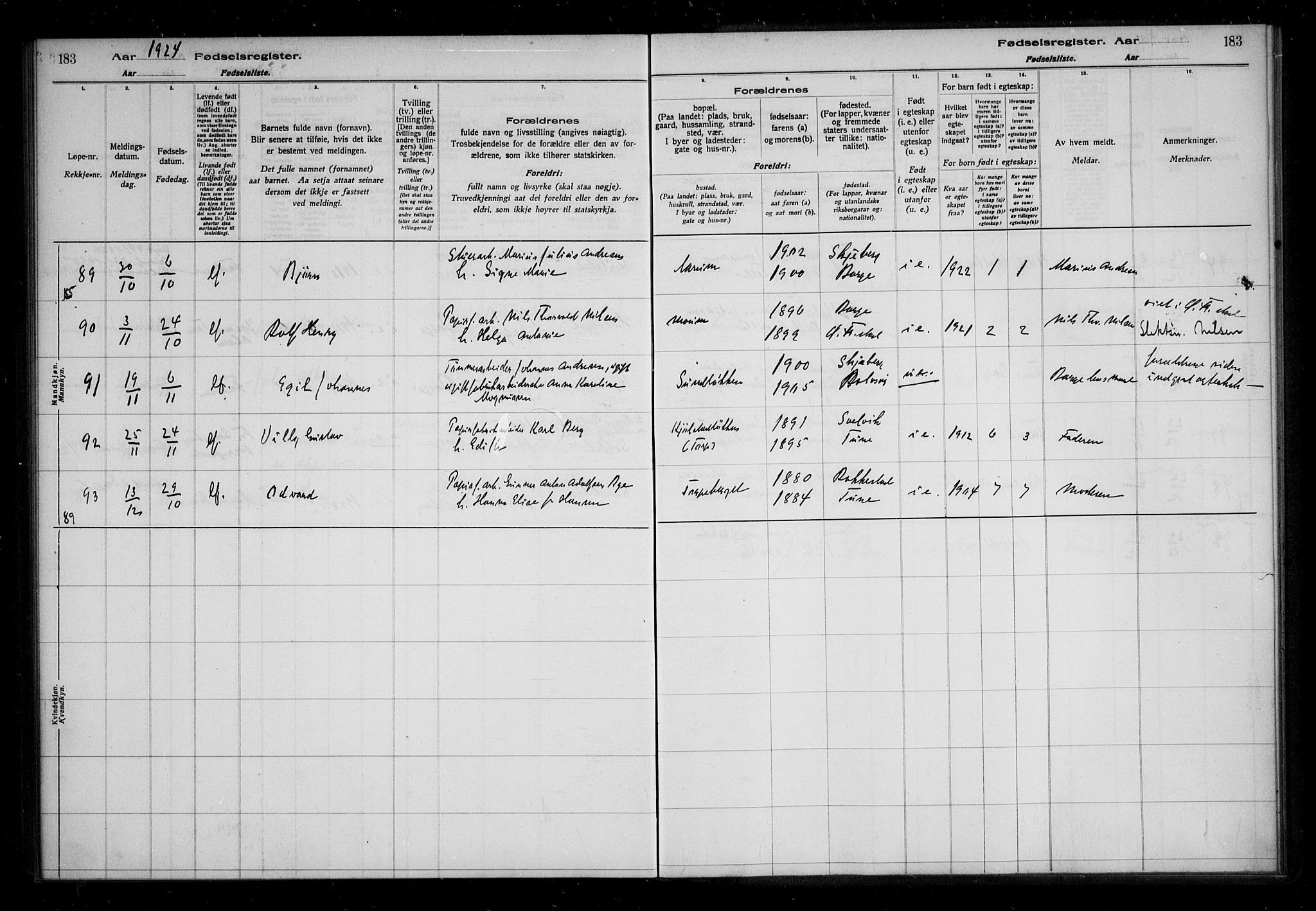 Borge prestekontor Kirkebøker, AV/SAO-A-10903/J/Ja/L0001: Birth register no. I 1, 1916-1925, p. 183