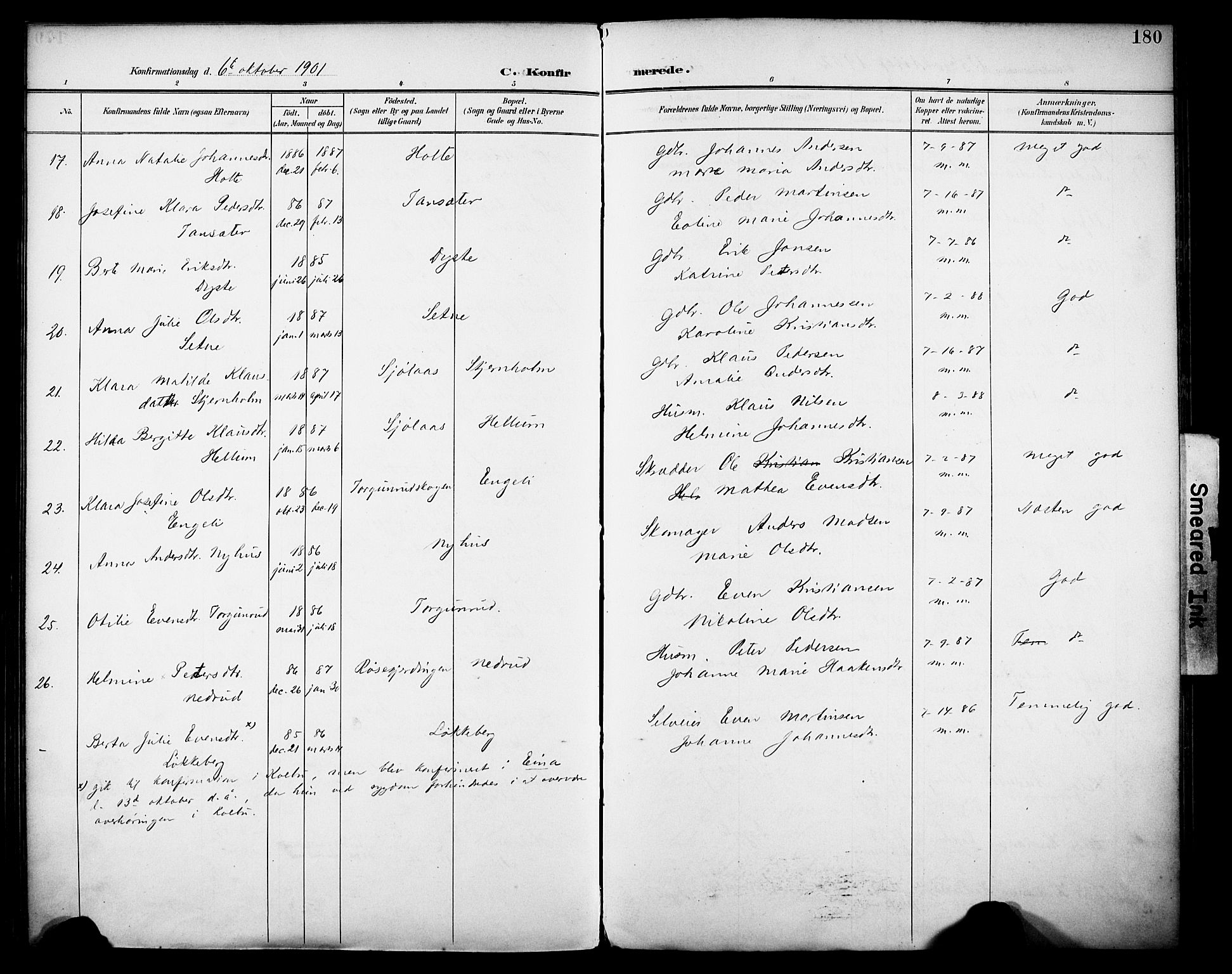 Vestre Toten prestekontor, SAH/PREST-108/H/Ha/Haa/L0013: Parish register (official) no. 13, 1895-1911, p. 180