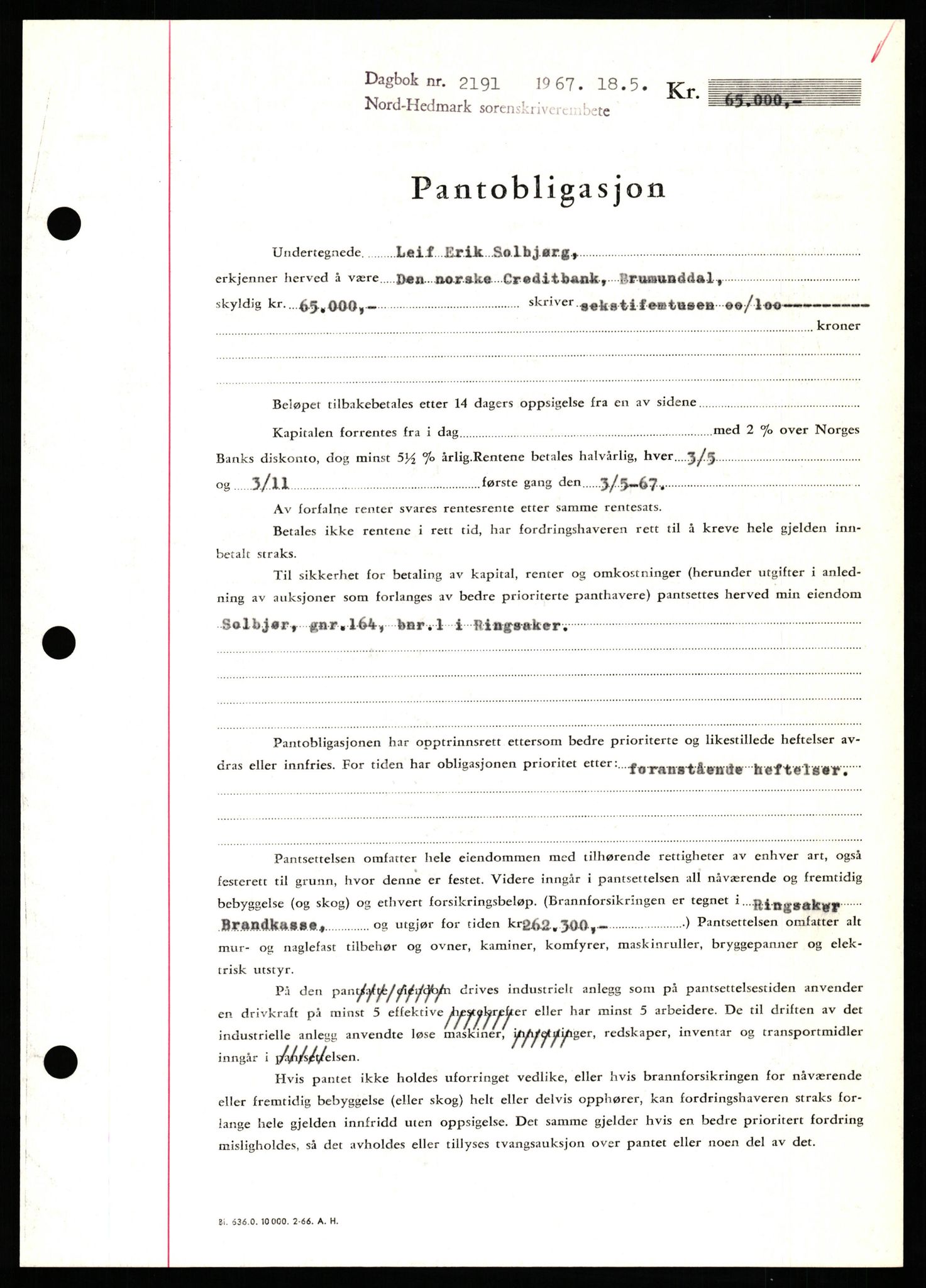Nord-Hedmark sorenskriveri, SAH/TING-012/H/Hb/Hbf/L0071: Mortgage book no. B71, 1967-1967, Diary no: : 2191/1967