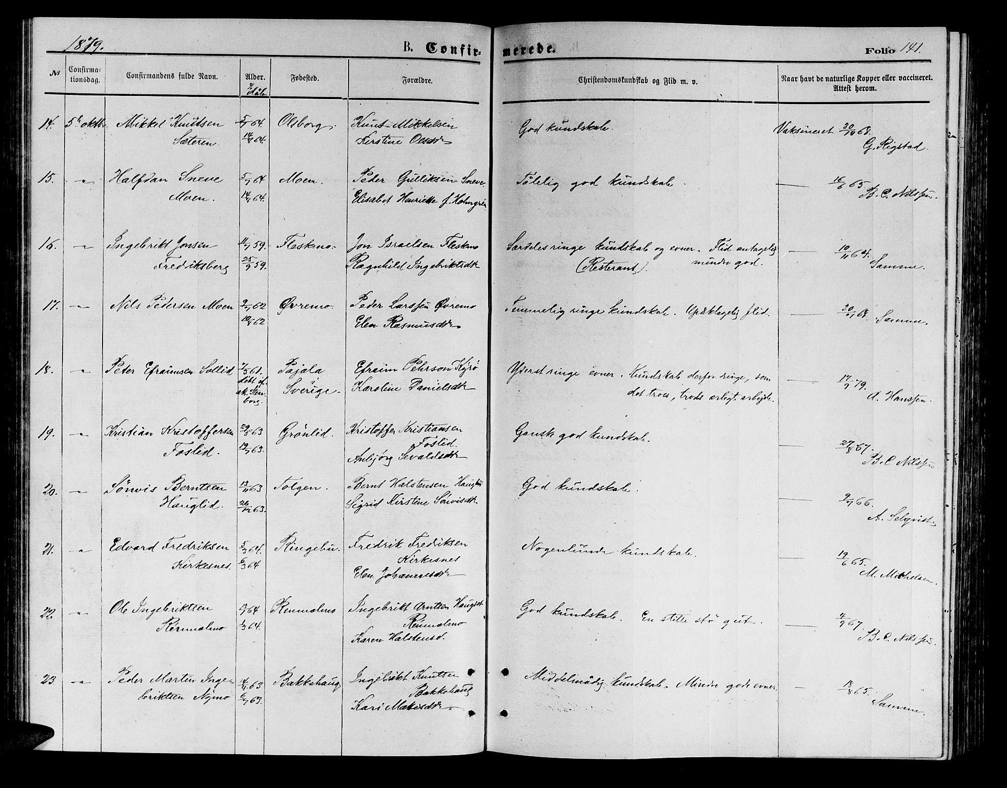 Målselv sokneprestembete, SATØ/S-1311/G/Ga/Gab/L0003klokker: Parish register (copy) no. 3, 1874-1885, p. 141