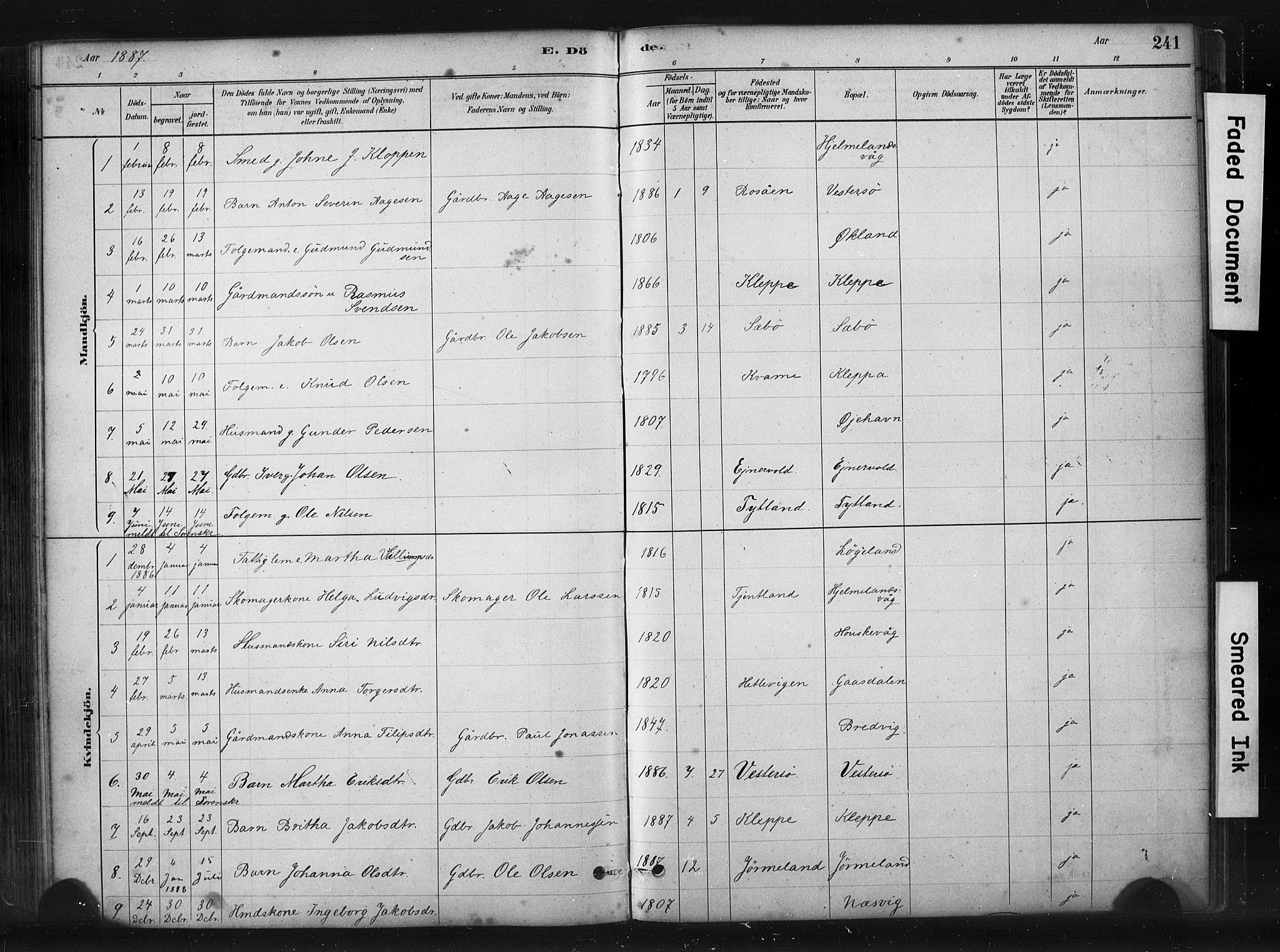 Hjelmeland sokneprestkontor, AV/SAST-A-101843/01/IV/L0014: Parish register (official) no. A 14, 1879-1900, p. 241