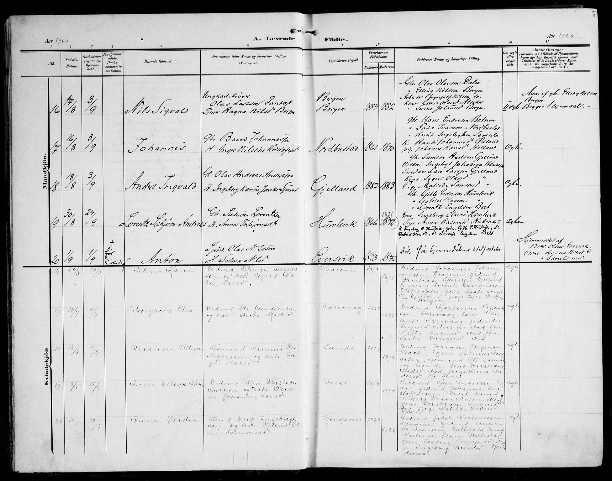 Tysnes sokneprestembete, SAB/A-78601/H/Haa: Parish register (official) no. D 2, 1905-1922, p. 7