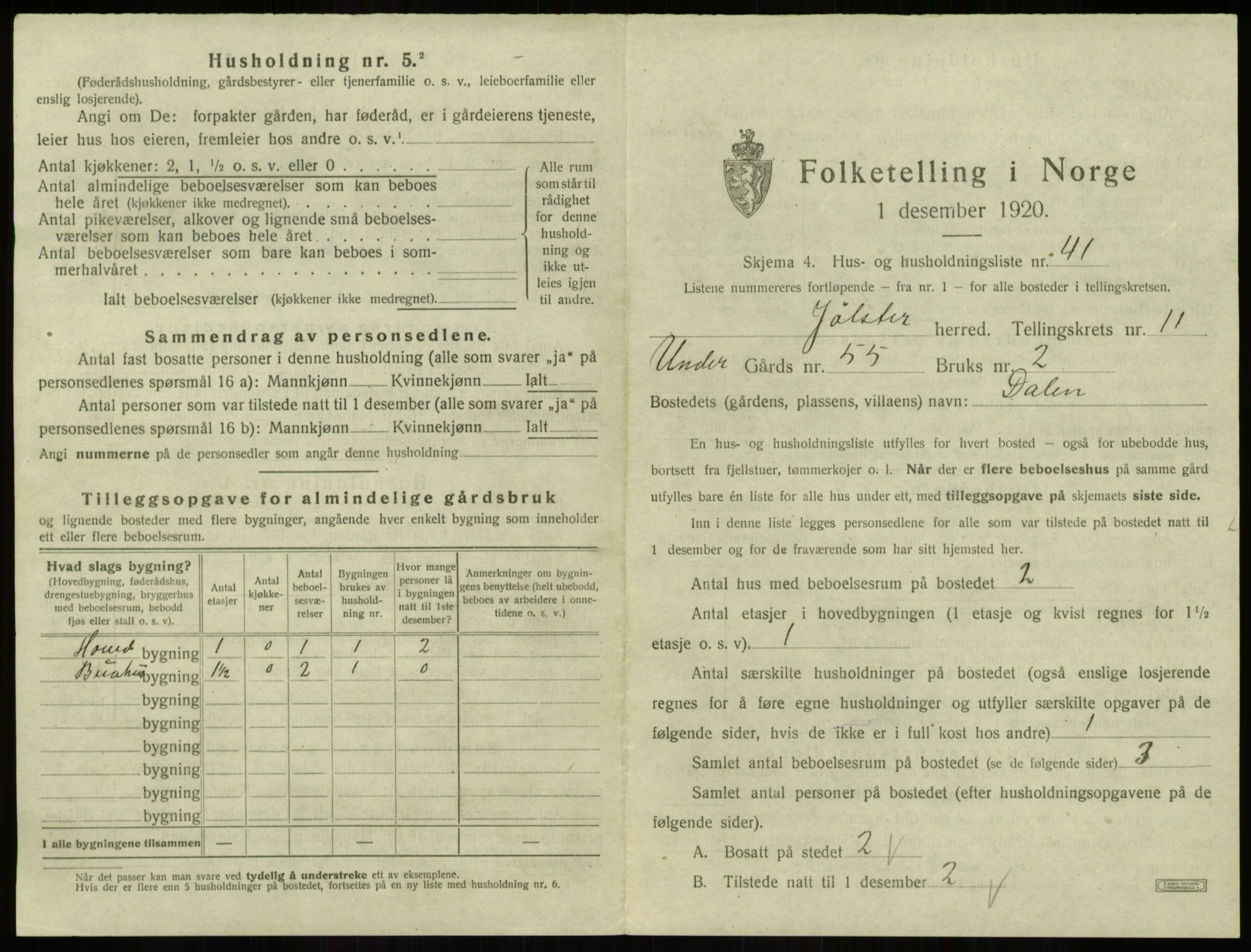 SAB, 1920 census for Jølster, 1920, p. 759