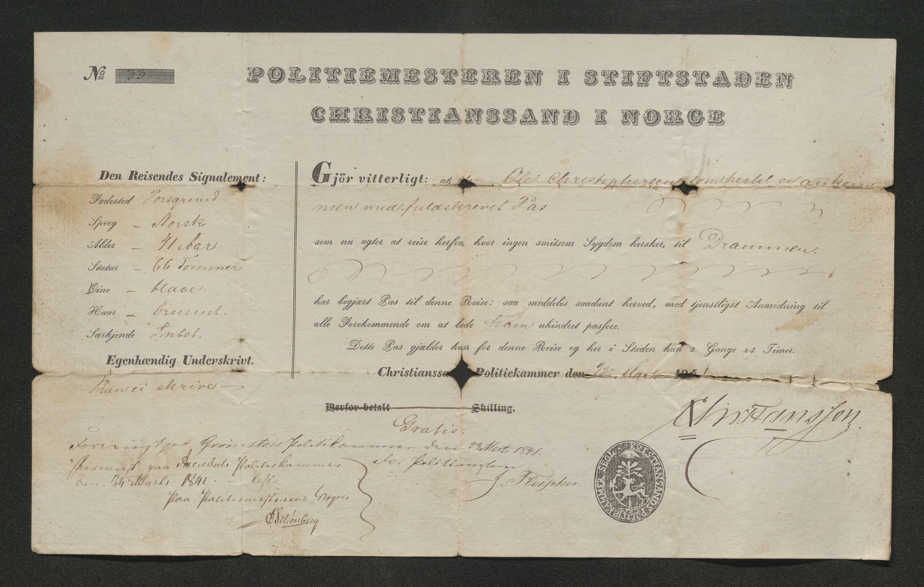 Drammen politikammer, SAKO/A-623/I/Ia/Iab/L0006: Innleverte pass, 1841-1842, p. 453