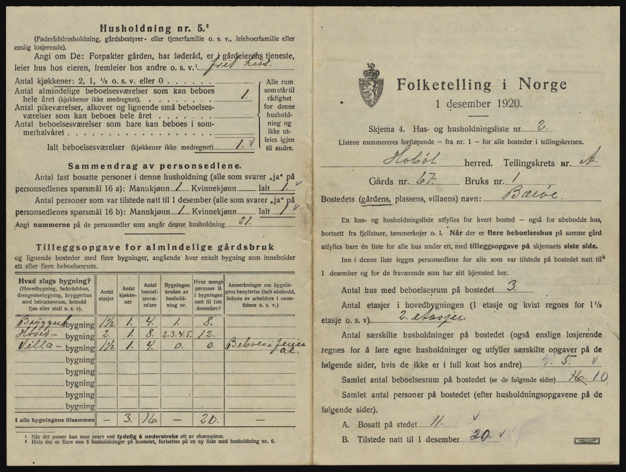 SAO, 1920 census for Hobøl, 1920, p. 38