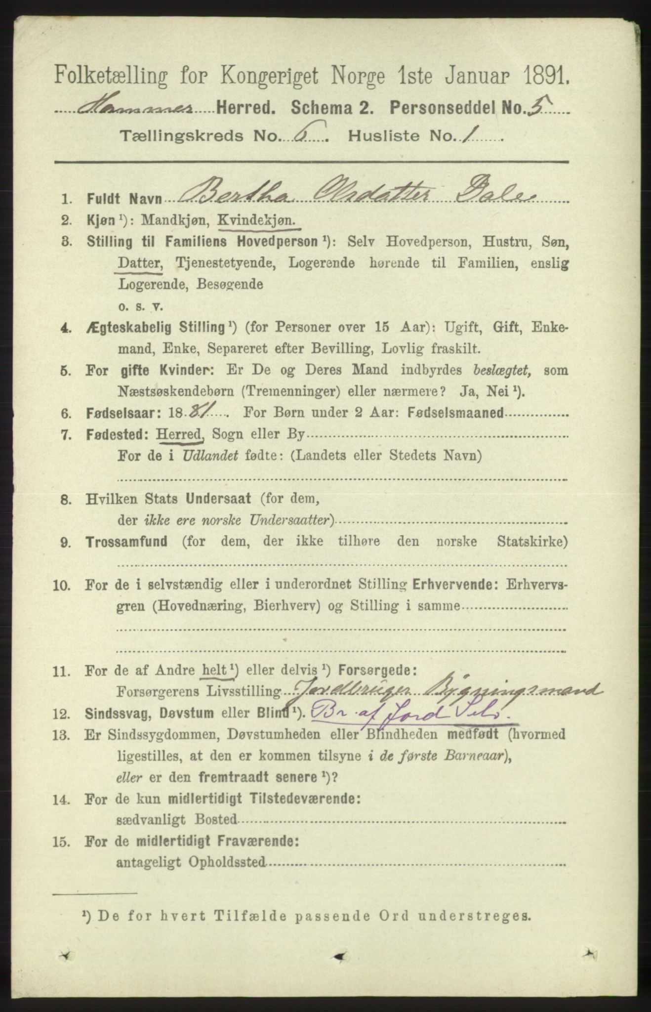 RA, 1891 census for 1254 Hamre, 1891, p. 1542