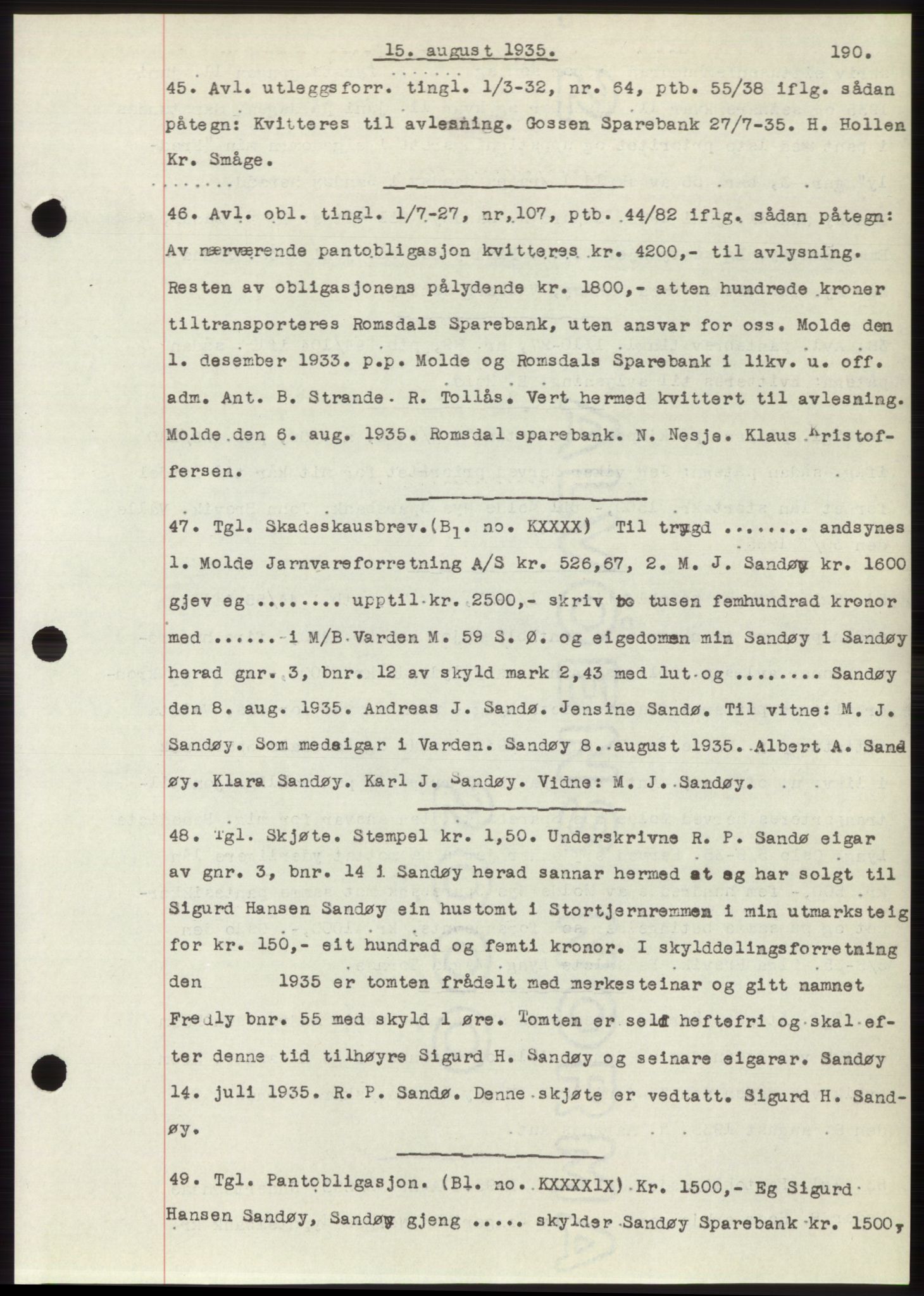 Romsdal sorenskriveri, AV/SAT-A-4149/1/2/2C/L0067: Mortgage book no. 61, 1935-1935, Deed date: 15.08.1935