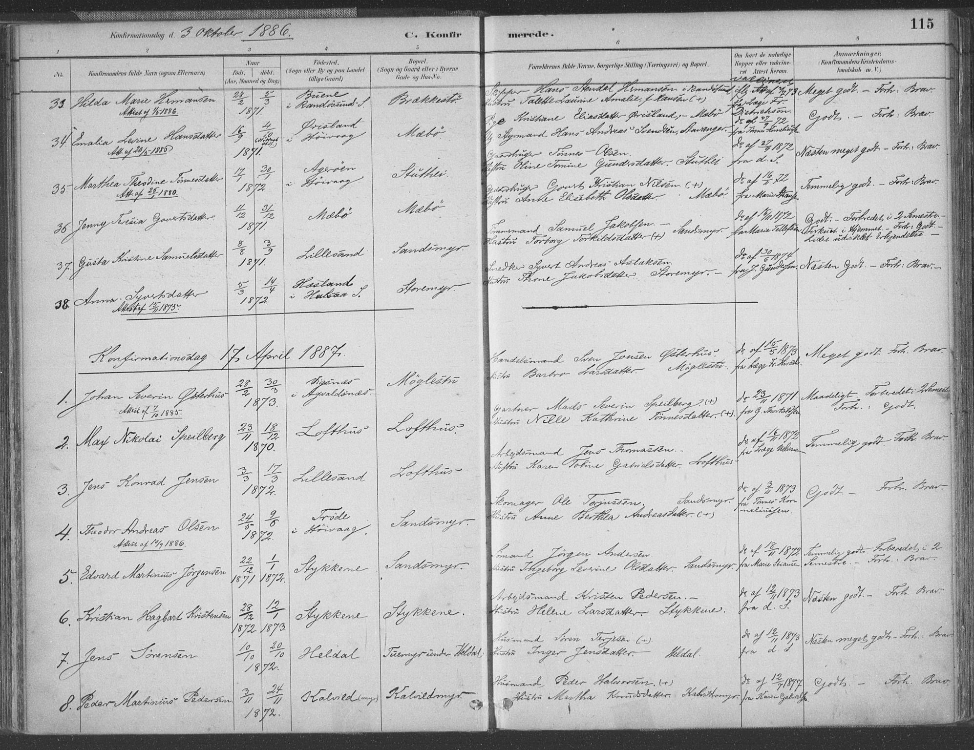 Vestre Moland sokneprestkontor, SAK/1111-0046/F/Fa/Fab/L0009: Parish register (official) no. A 9, 1884-1899, p. 115