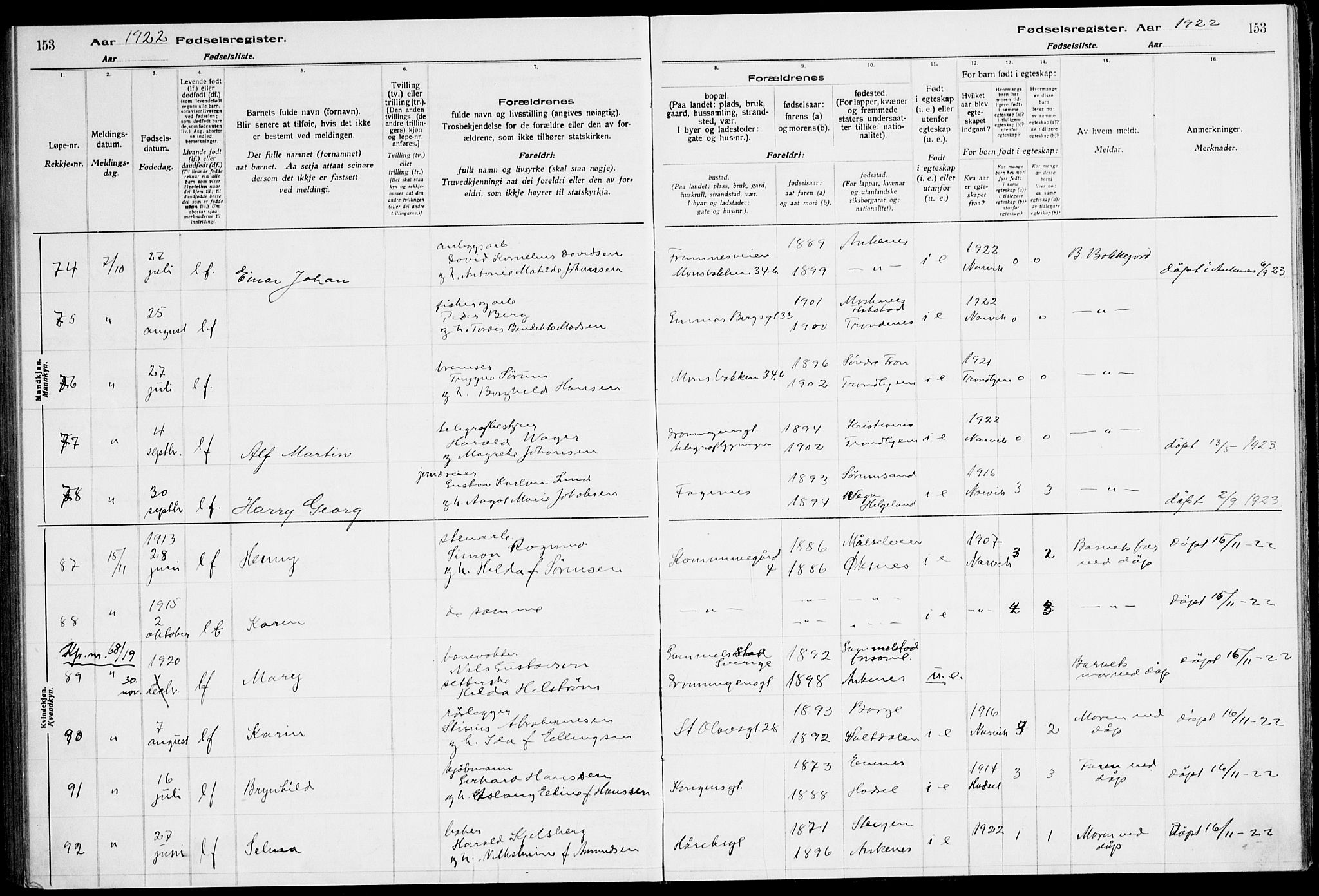 Ministerialprotokoller, klokkerbøker og fødselsregistre - Nordland, AV/SAT-A-1459/871/L1013: Birth register no. 871.II.4.1, 1916-1924, p. 153