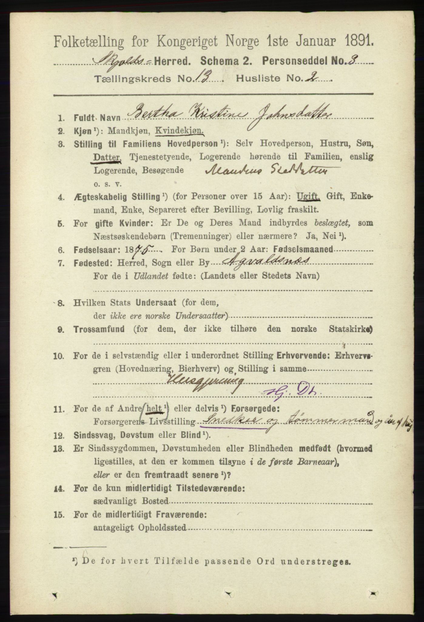 RA, 1891 census for 1154 Skjold, 1891, p. 2409