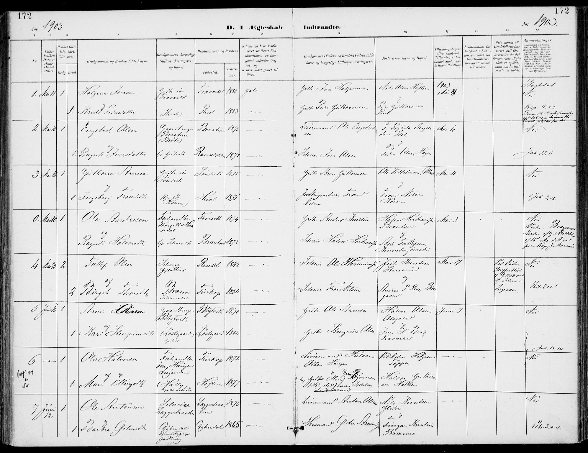 Gol kirkebøker, SAKO/A-226/F/Fa/L0006: Parish register (official) no. I 6, 1901-1918, p. 172
