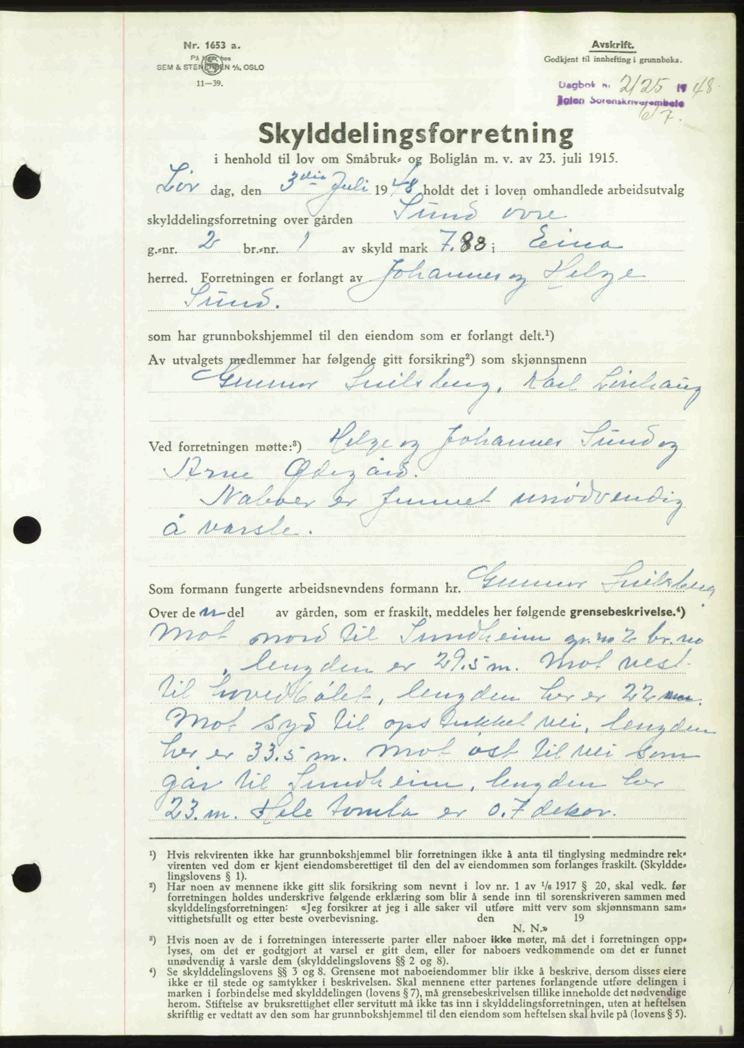 Toten tingrett, SAH/TING-006/H/Hb/Hbc/L0020: Mortgage book no. Hbc-20, 1948-1948, Diary no: : 2125/1948
