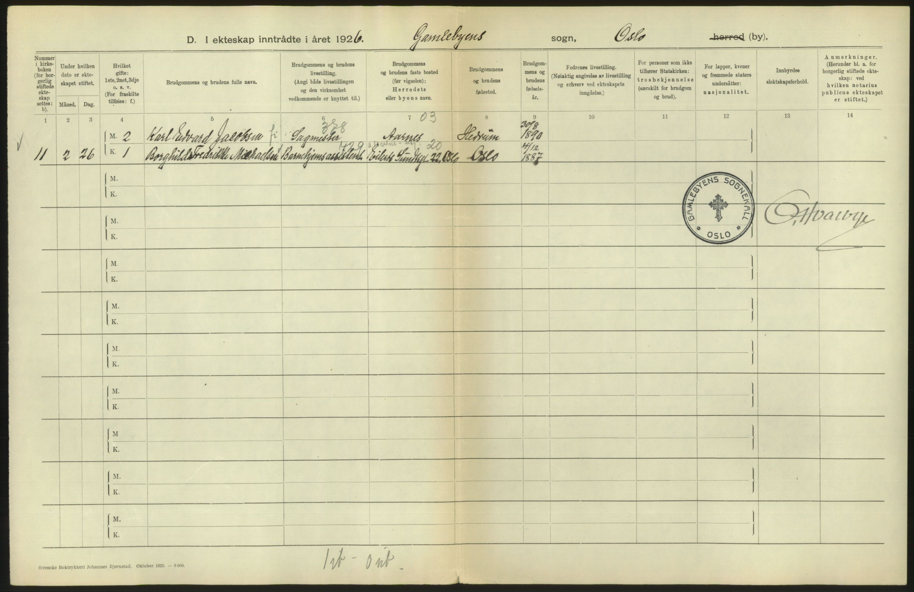 Statistisk sentralbyrå, Sosiodemografiske emner, Befolkning, AV/RA-S-2228/D/Df/Dfc/Dfcf/L0008: Oslo: Gifte, 1926, p. 496