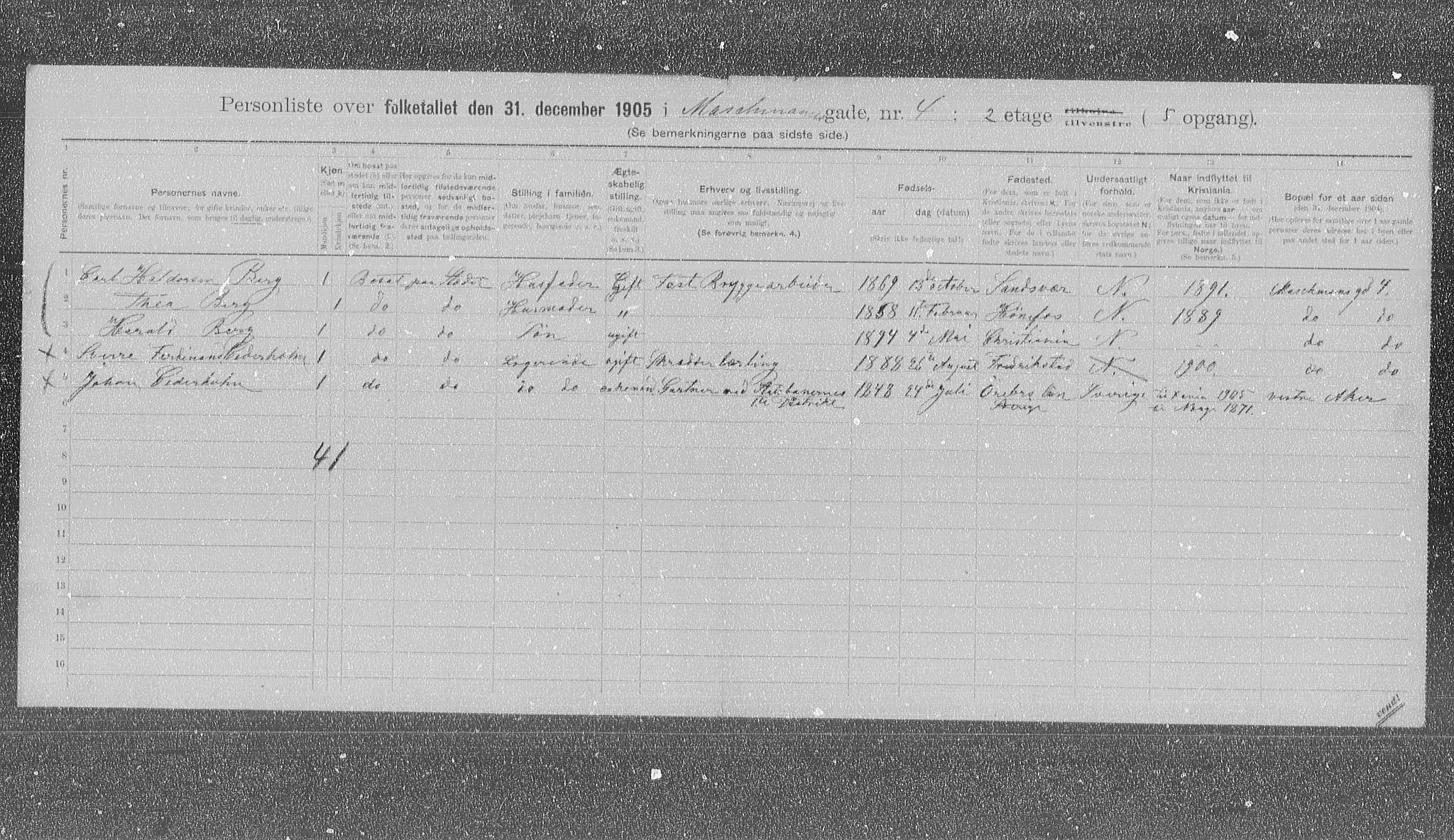 OBA, Municipal Census 1905 for Kristiania, 1905, p. 34042