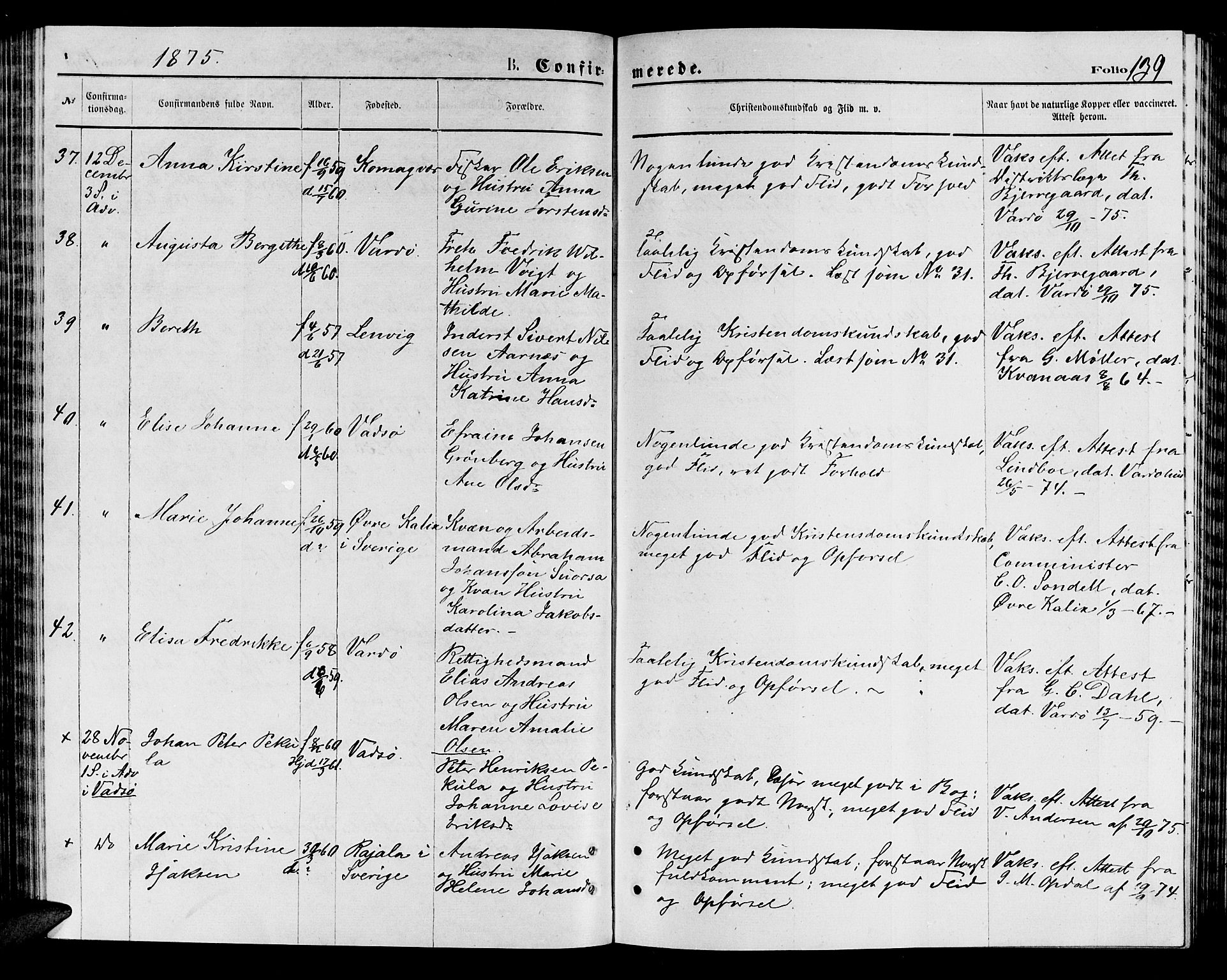 Vardø sokneprestkontor, AV/SATØ-S-1332/H/Hb/L0003klokker: Parish register (copy) no. 3, 1871-1878, p. 139