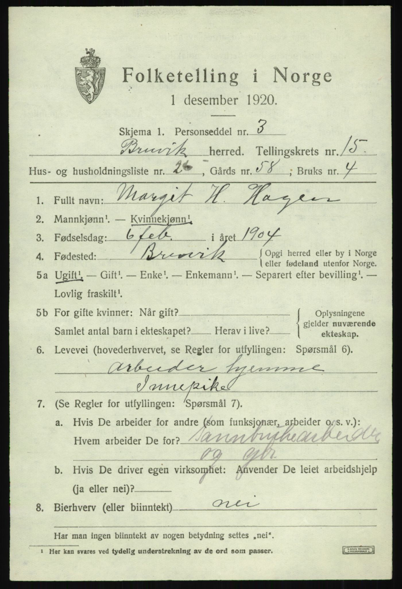 SAB, 1920 census for Bruvik, 1920, p. 9530