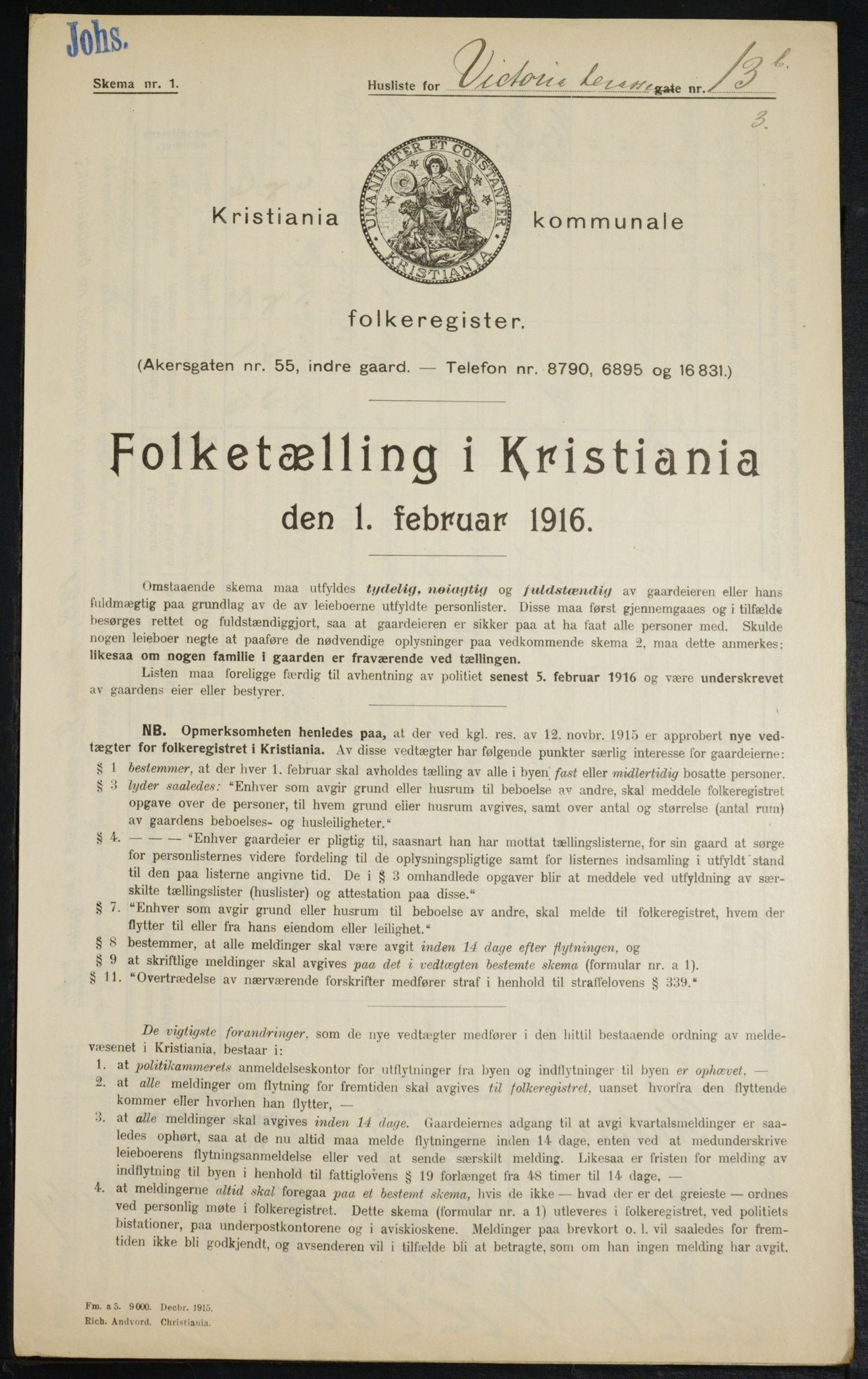 OBA, Municipal Census 1916 for Kristiania, 1916, p. 127243