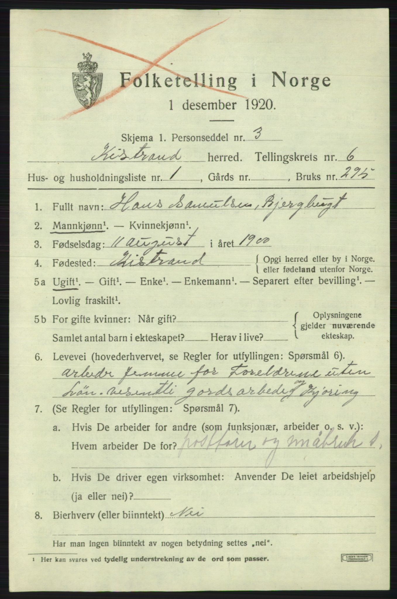 SATØ, 1920 census for Kistrand, 1920, p. 3618