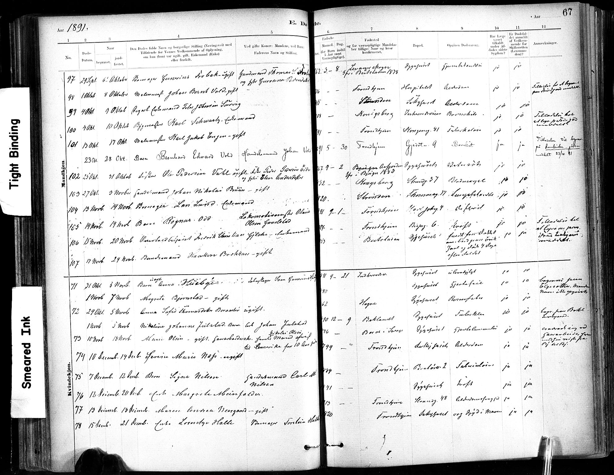 Ministerialprotokoller, klokkerbøker og fødselsregistre - Sør-Trøndelag, SAT/A-1456/602/L0120: Parish register (official) no. 602A18, 1880-1913, p. 67