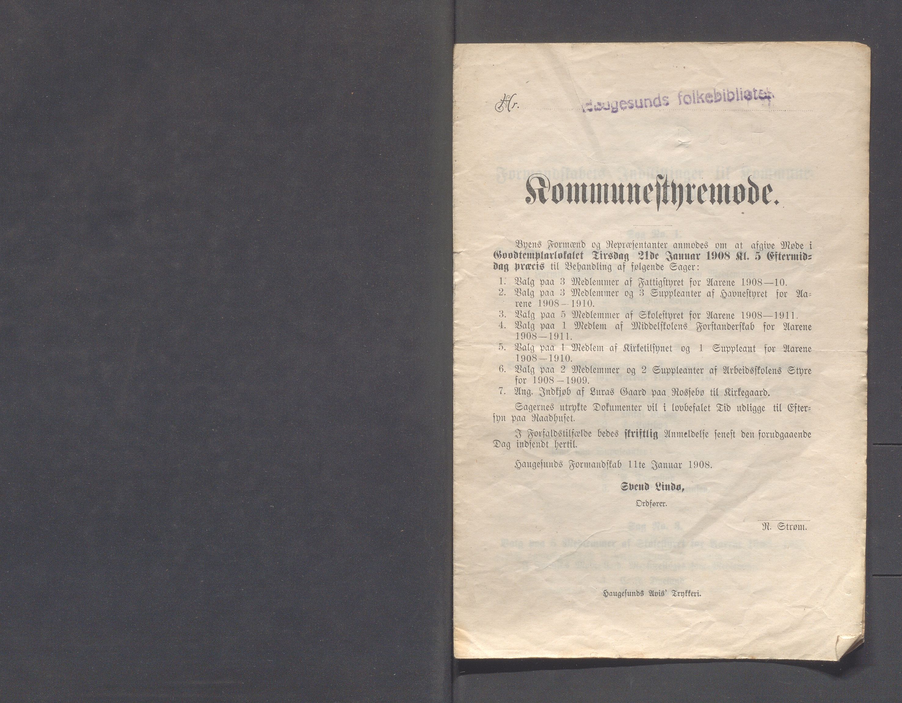 Haugesund kommune - Formannskapet og Bystyret, IKAR/A-740/A/Abb/L0002: Bystyreforhandlinger, 1908-1917, p. 1