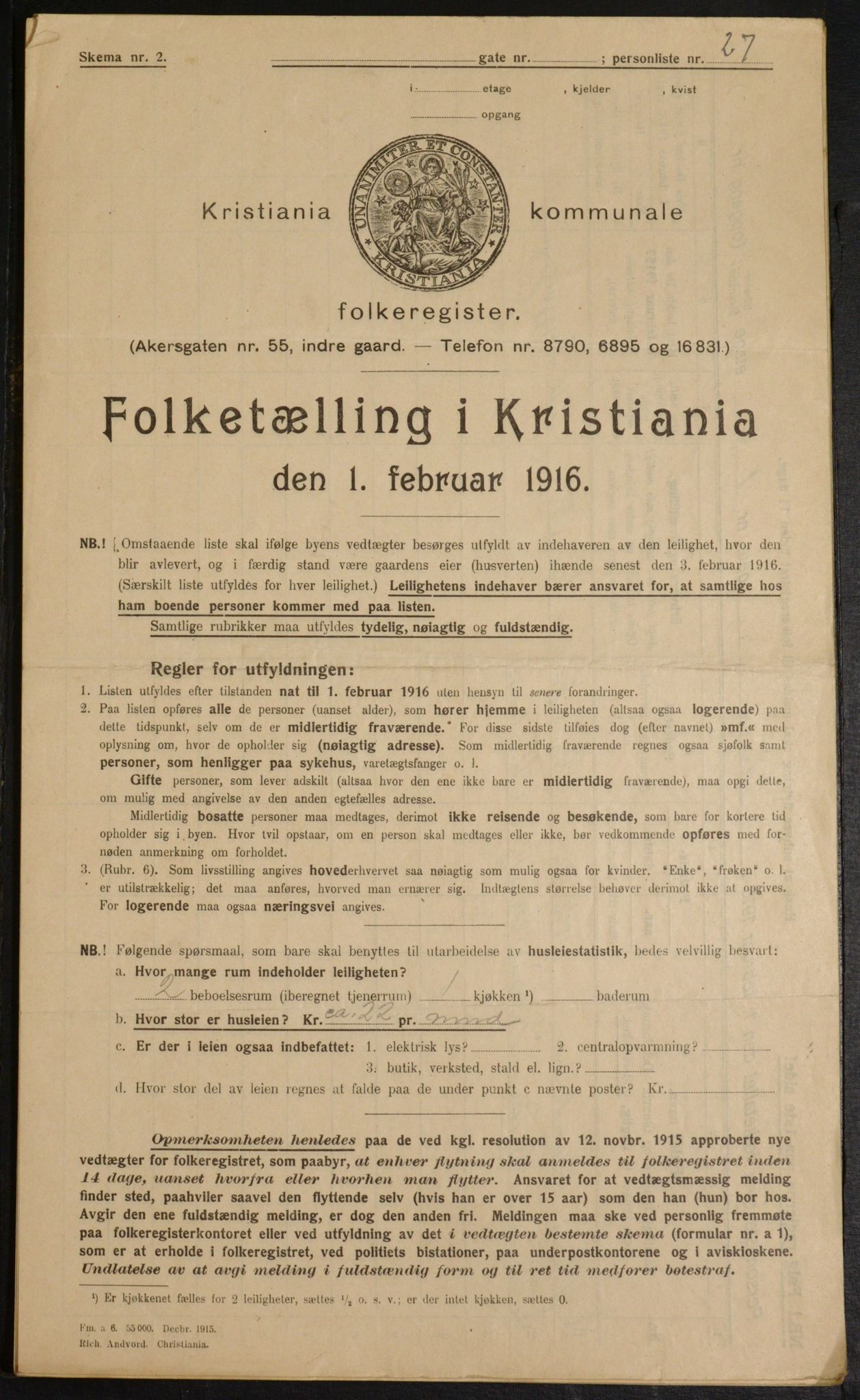 OBA, Municipal Census 1916 for Kristiania, 1916, p. 43797