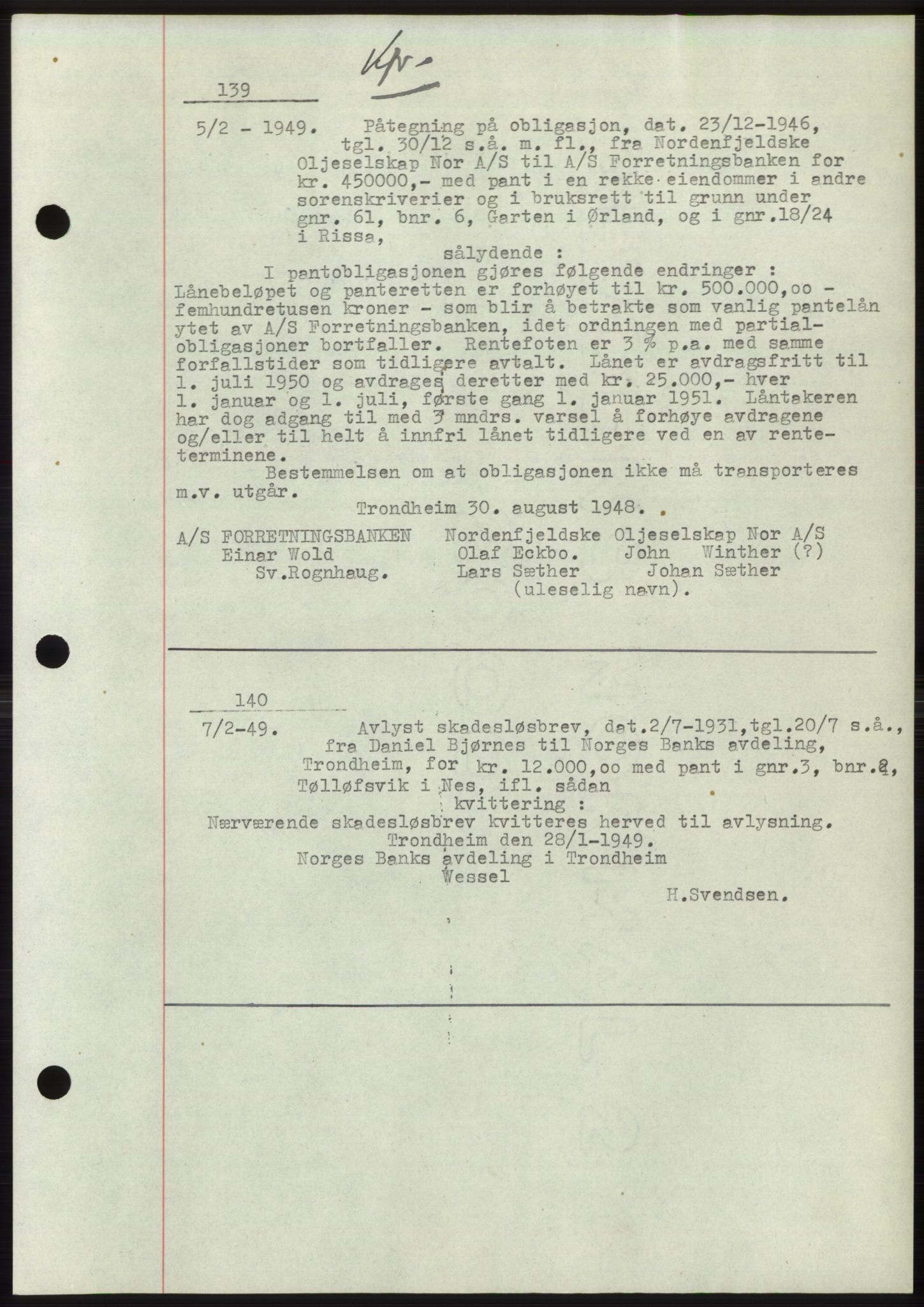 Fosen sorenskriveri, AV/SAT-A-1107/1/2/2C: Mortgage book no. B3, 1948-1950, Diary no: : 139/1949