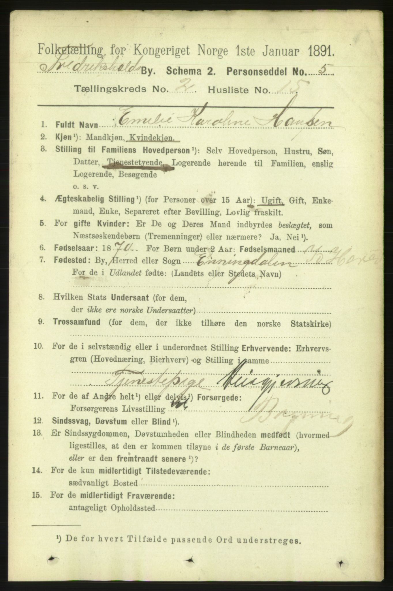 RA, 1891 census for 0101 Fredrikshald, 1891, p. 2818