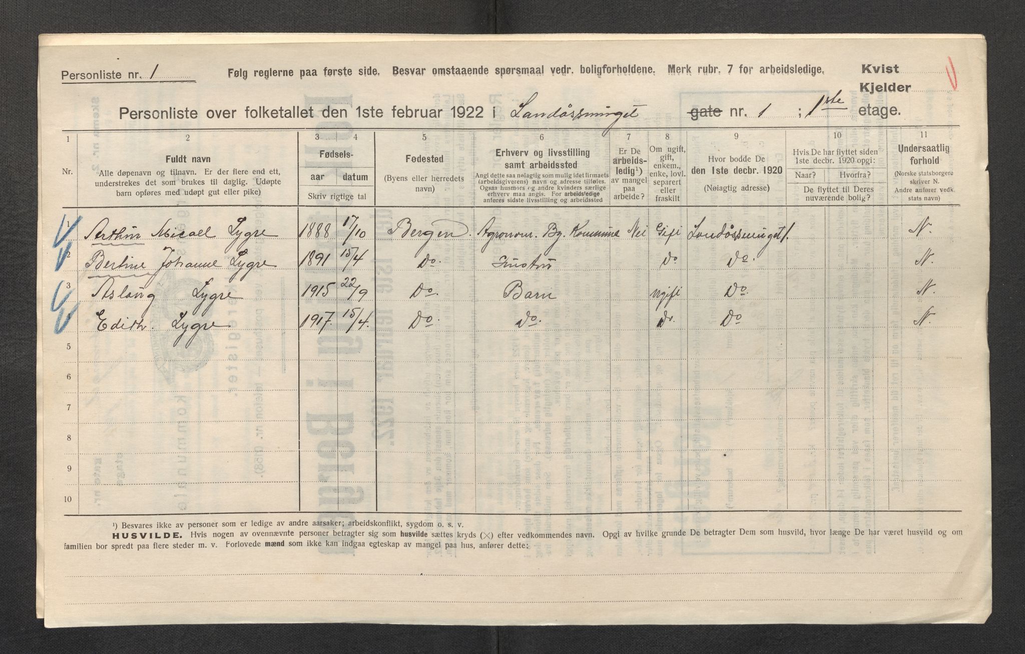 SAB, Municipal Census 1922 for Bergen, 1922, p. 22177