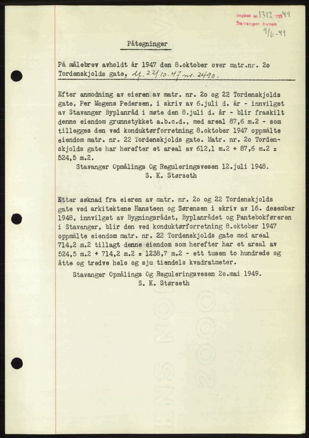 Stavanger byrett, SAST/A-100455/002/G/Gb/L0023: Mortgage book no. A12, 1948-1949, Diary no: : 1312/1949