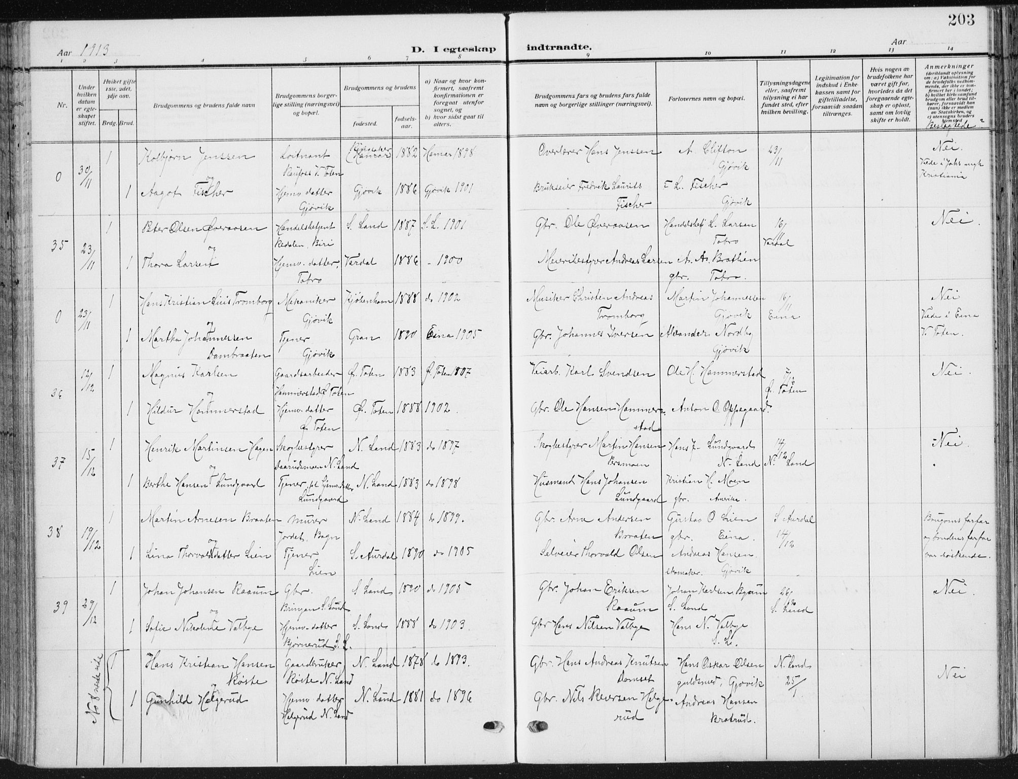 Vardal prestekontor, AV/SAH-PREST-100/H/Ha/Haa/L0014: Parish register (official) no. 14, 1912-1922, p. 203