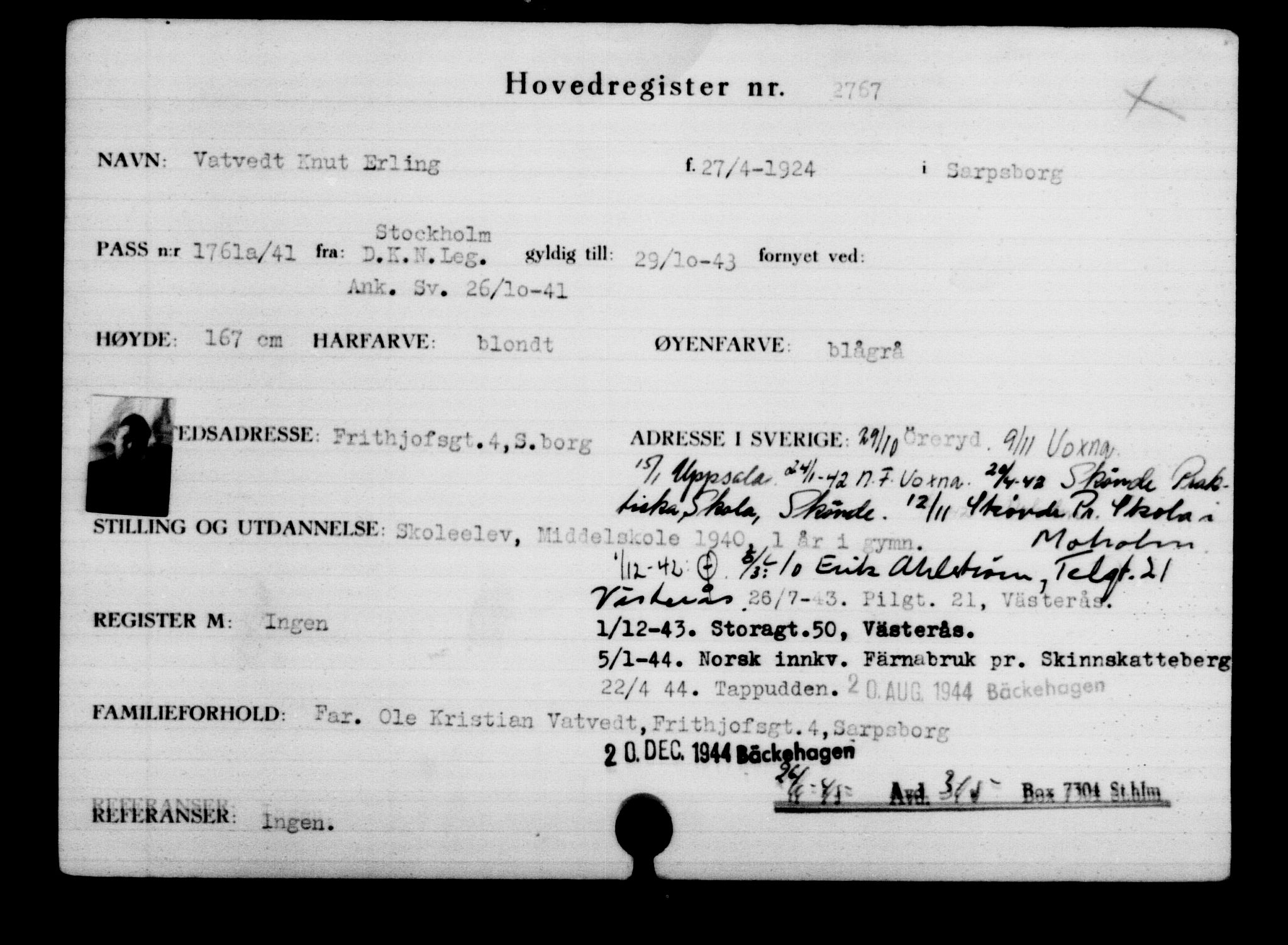 Utenriksstasjonene, Legasjonen i Stockholm, Flyktningkontoret, AV/RA-S-6753/V/Va/L0003: Kjesäterkartoteket, flyktninger med registreringsnr. 2001-3495, 1940-1945, p. 1156