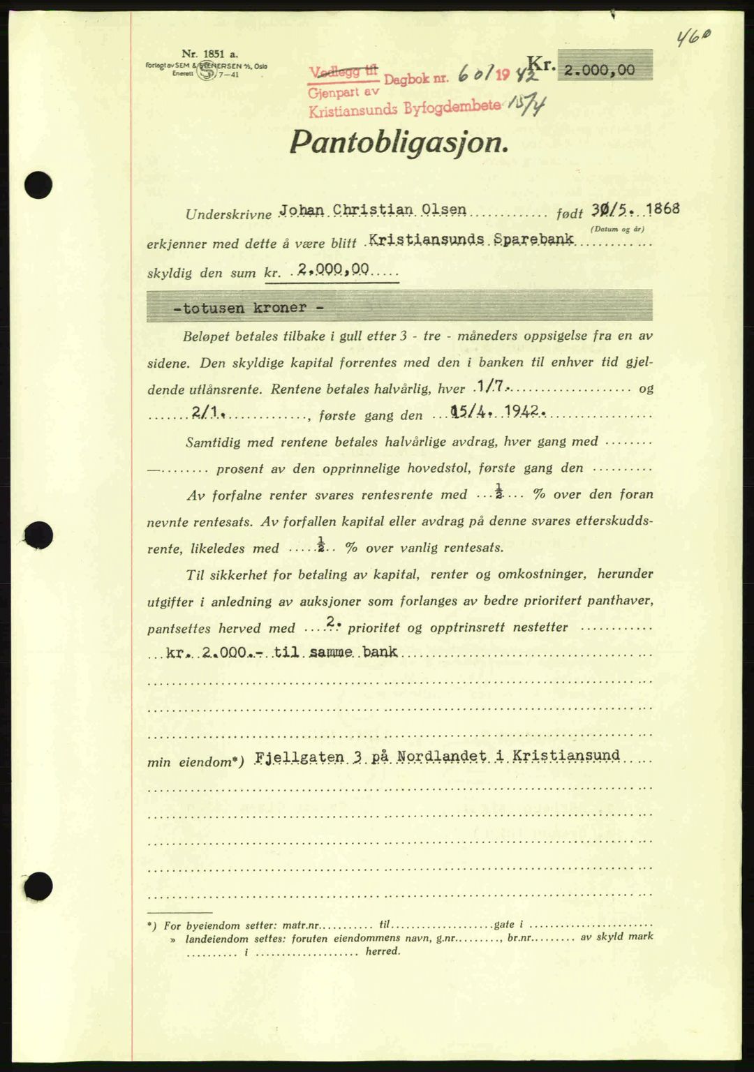 Kristiansund byfogd, AV/SAT-A-4587/A/27: Mortgage book no. 35, 1941-1942, Diary no: : 601/1942