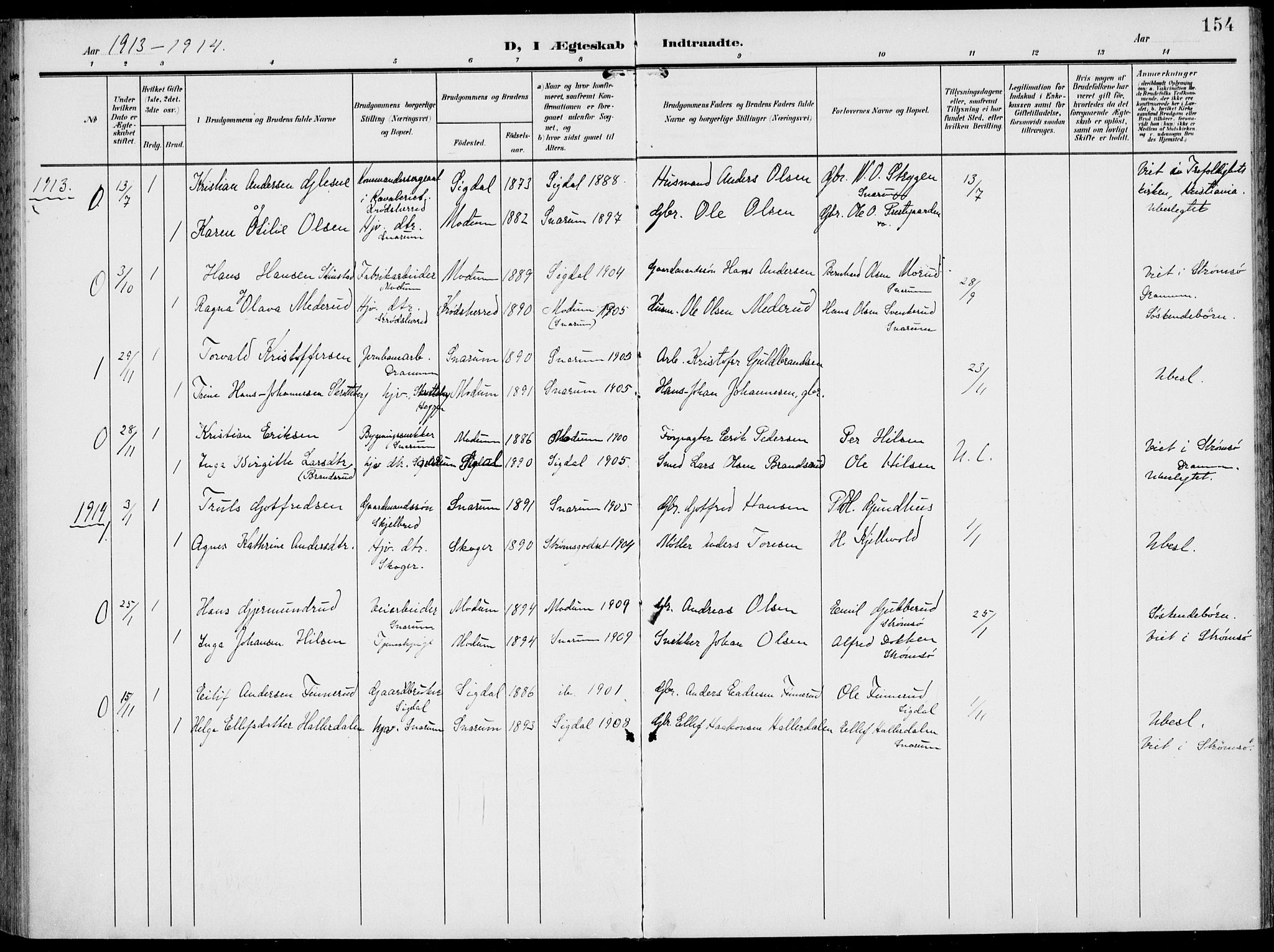 Modum kirkebøker, AV/SAKO-A-234/F/Fa/L0019: Parish register (official) no. 19, 1890-1914, p. 154