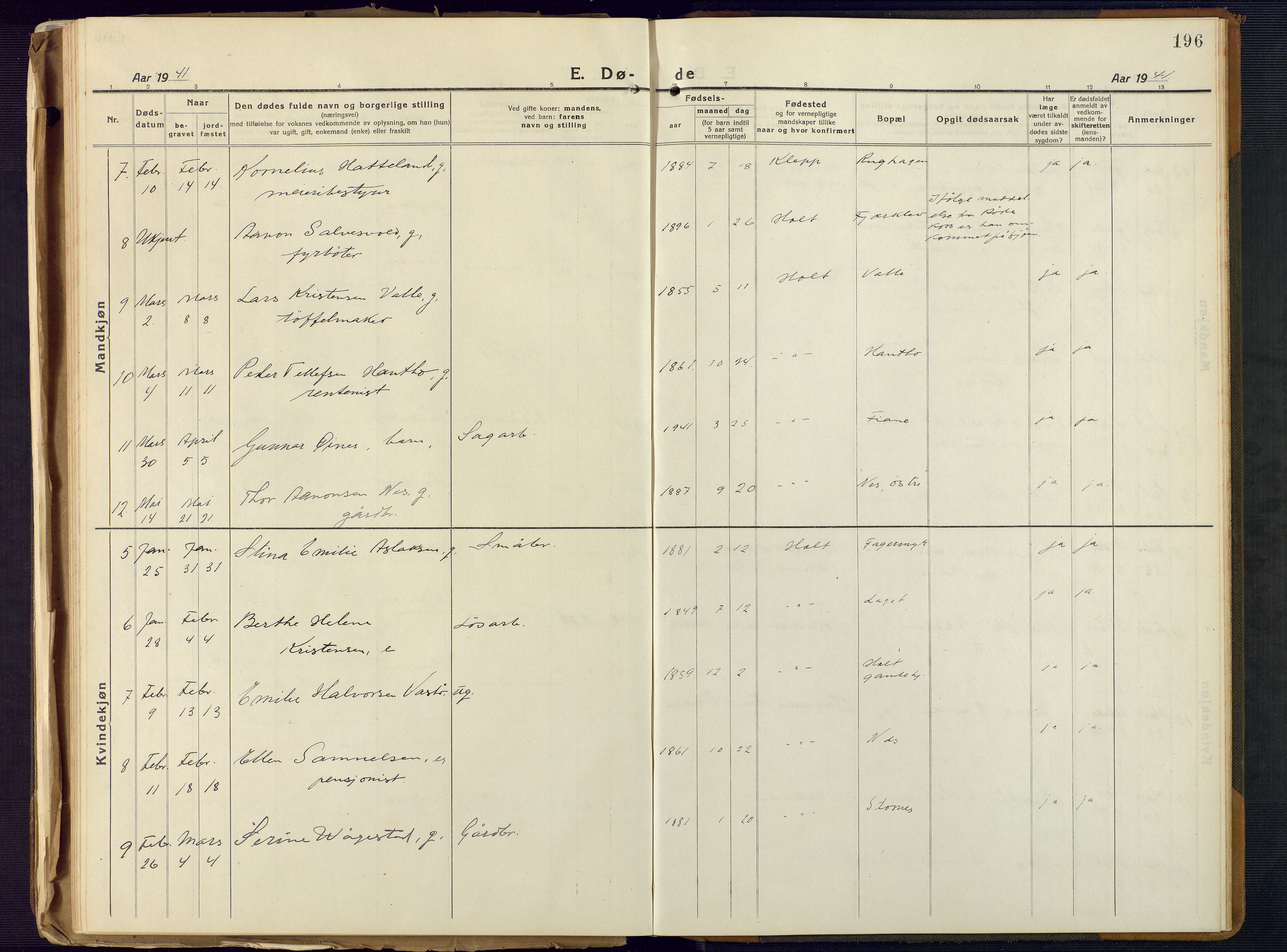 Holt sokneprestkontor, AV/SAK-1111-0021/F/Fb/L0012: Parish register (copy) no. B 12, 1919-1944, p. 196