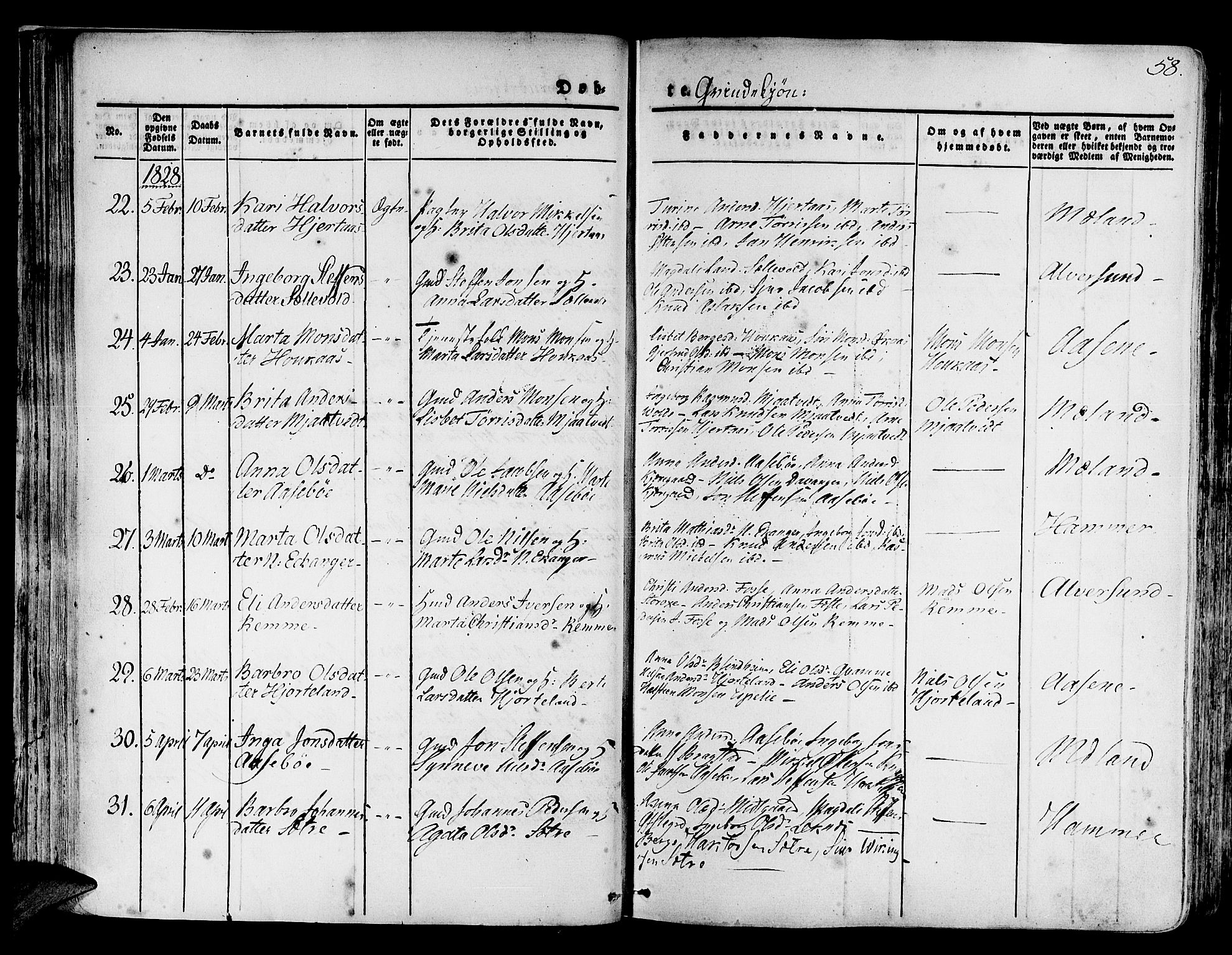 Hamre sokneprestembete, AV/SAB-A-75501/H/Ha/Haa/Haaa/L0011: Parish register (official) no. A 11, 1826-1834, p. 58