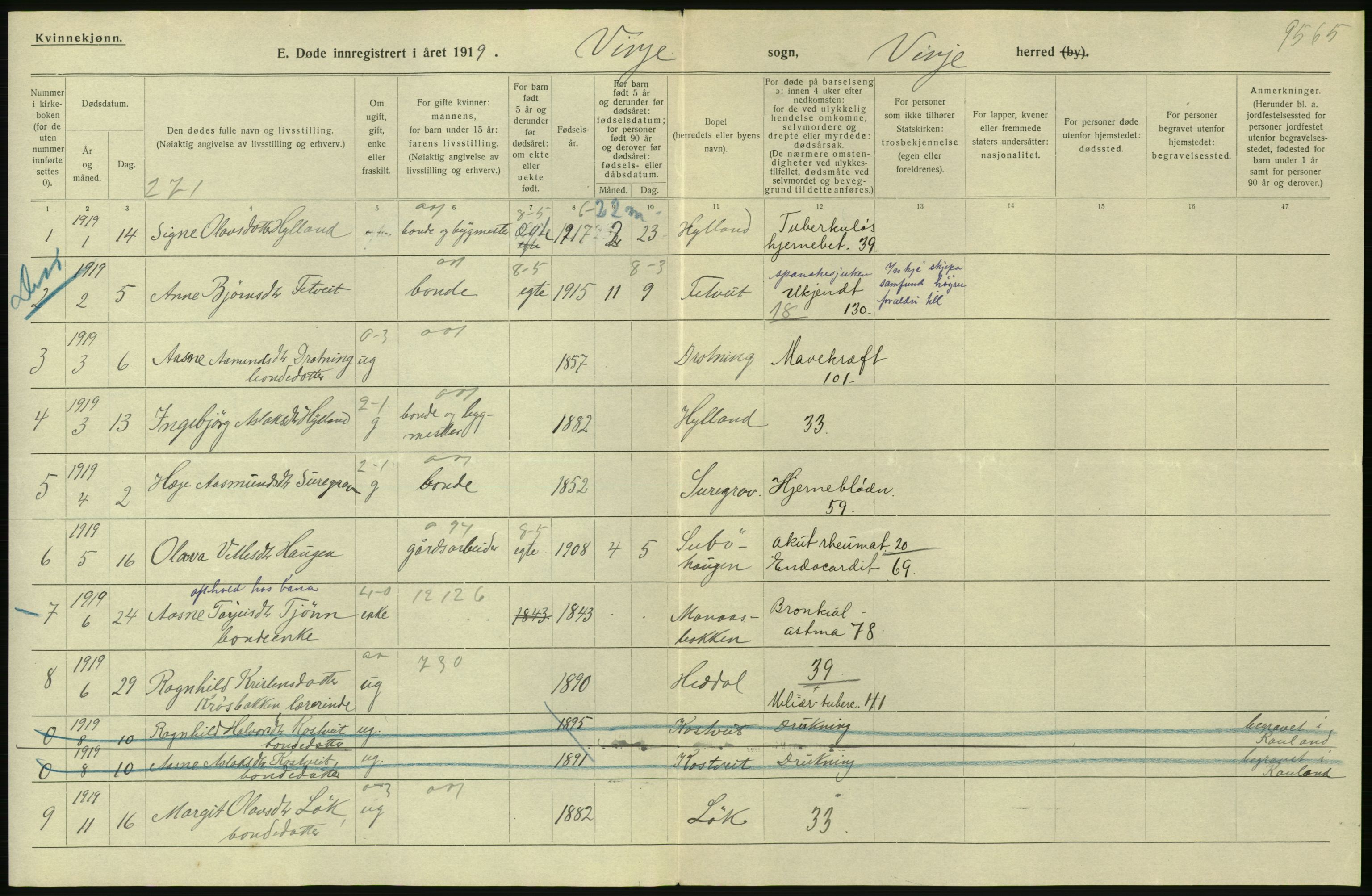 Statistisk sentralbyrå, Sosiodemografiske emner, Befolkning, AV/RA-S-2228/D/Df/Dfb/Dfbi/L0023: Telemark fylke: Døde. Bygder og byer., 1919, p. 342