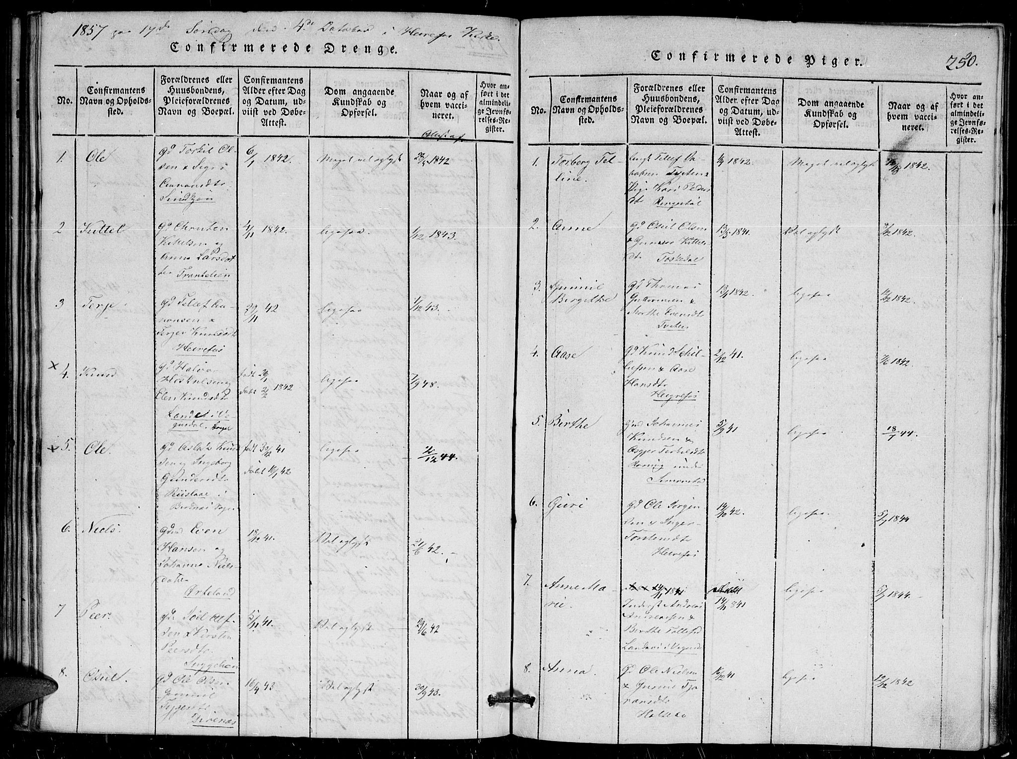 Herefoss sokneprestkontor, AV/SAK-1111-0019/F/Fa/Faa/L0001: Parish register (official) no. A 1, 1816-1860, p. 250