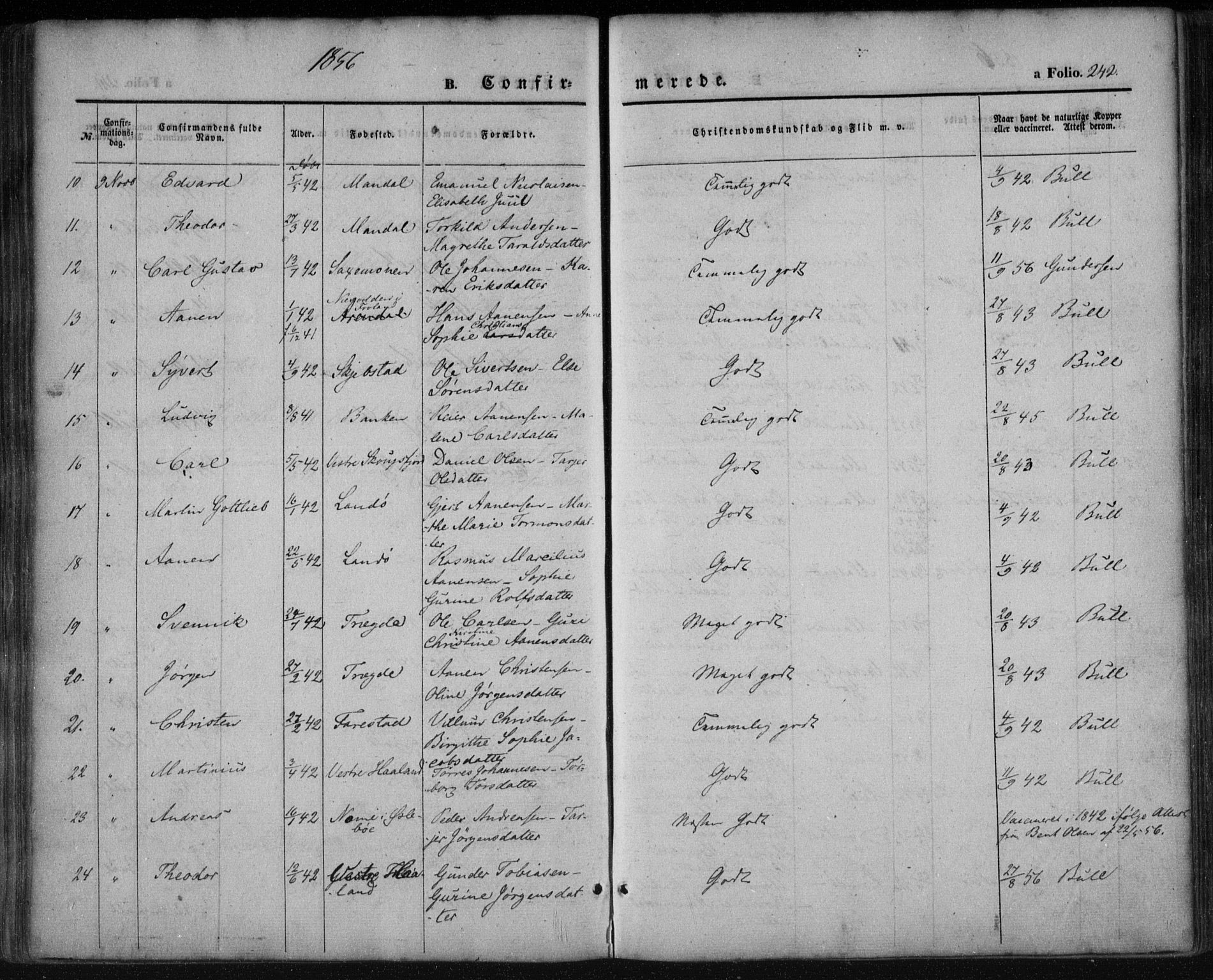 Mandal sokneprestkontor, AV/SAK-1111-0030/F/Fa/Faa/L0013: Parish register (official) no. A 13, 1847-1859, p. 242